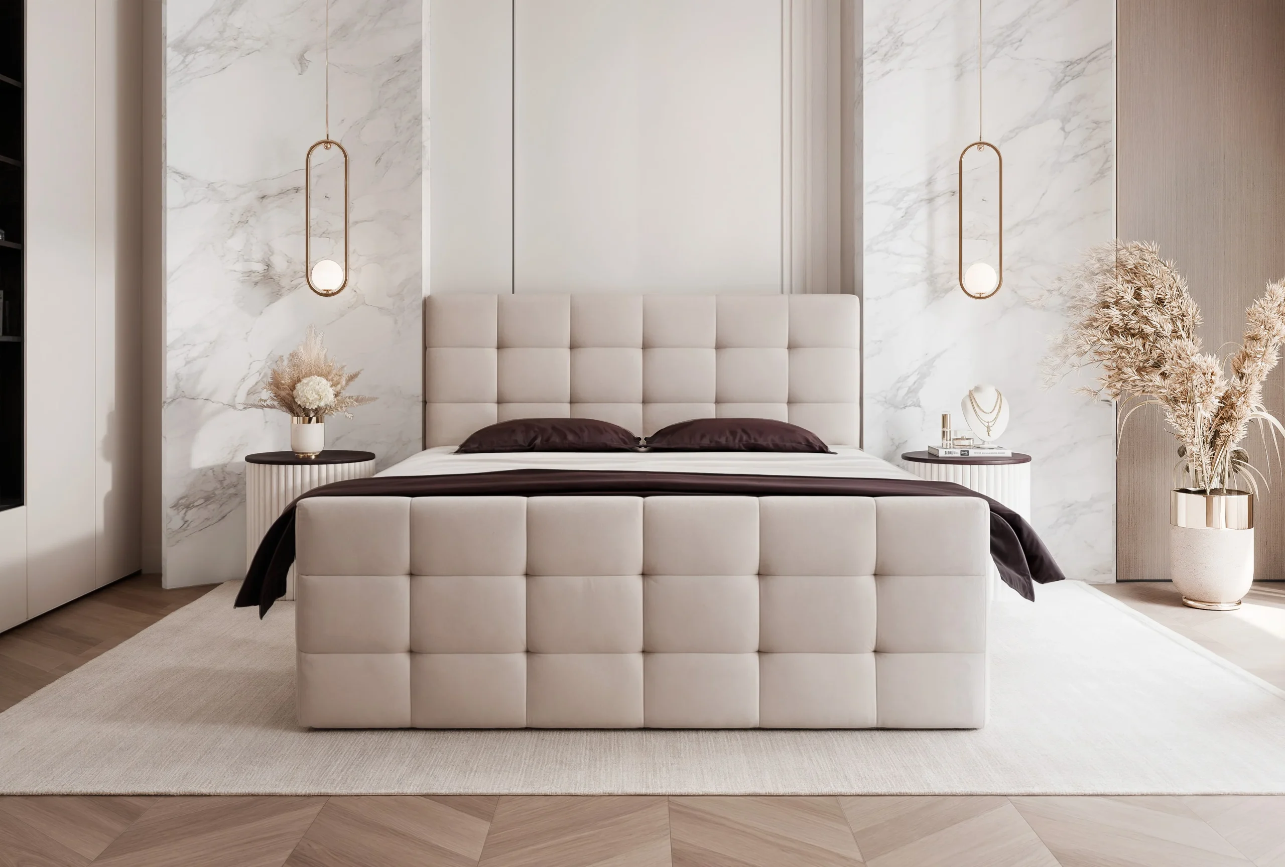 Łóżko kontynentalne pikowane z pojemnikami i topperem Carmela 160x200 cm – idealne dla pleców