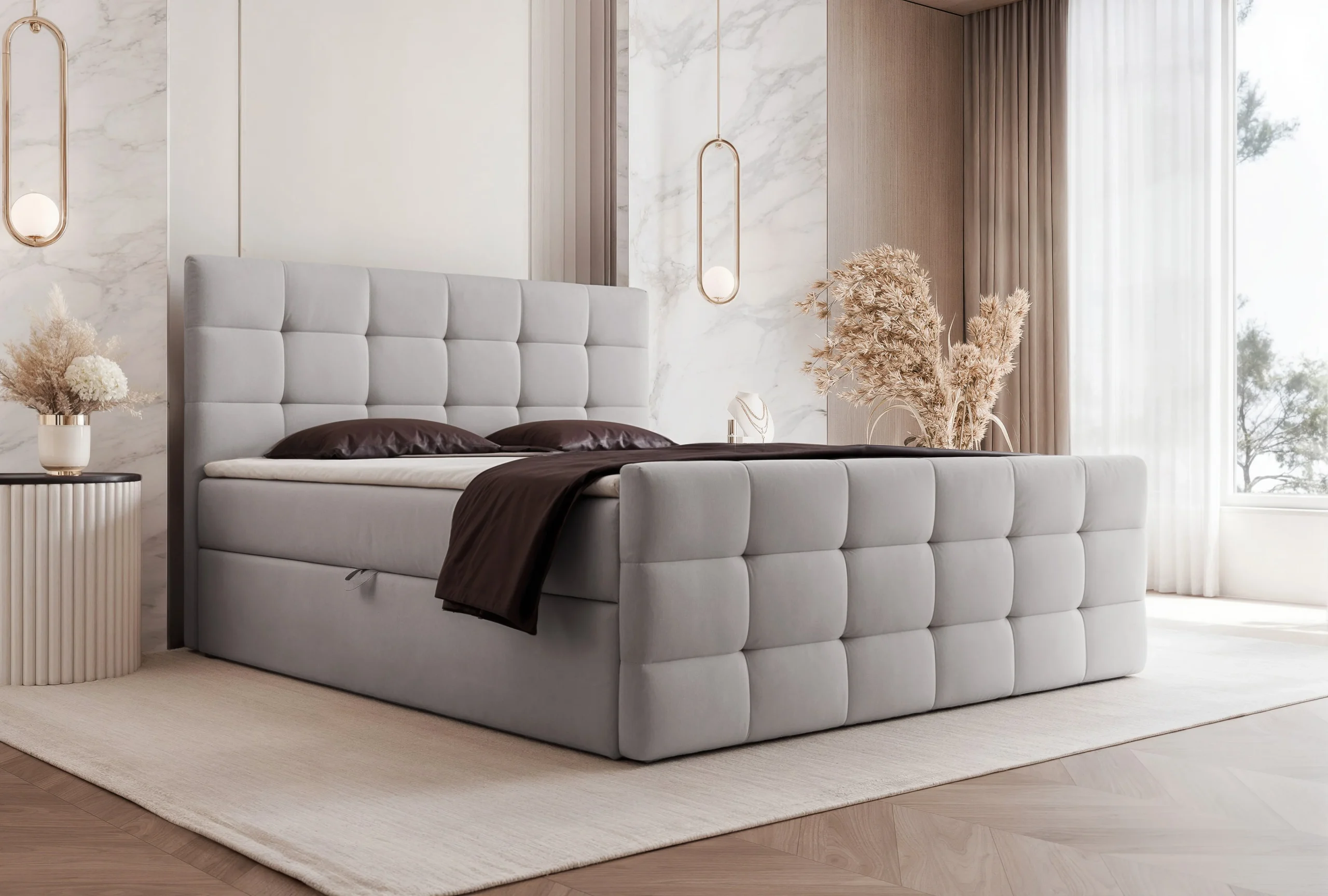 Łóżko kontynentalne pikowane z pojemnikami i topperem Carmela 160x200 cm – idealne dla pleców