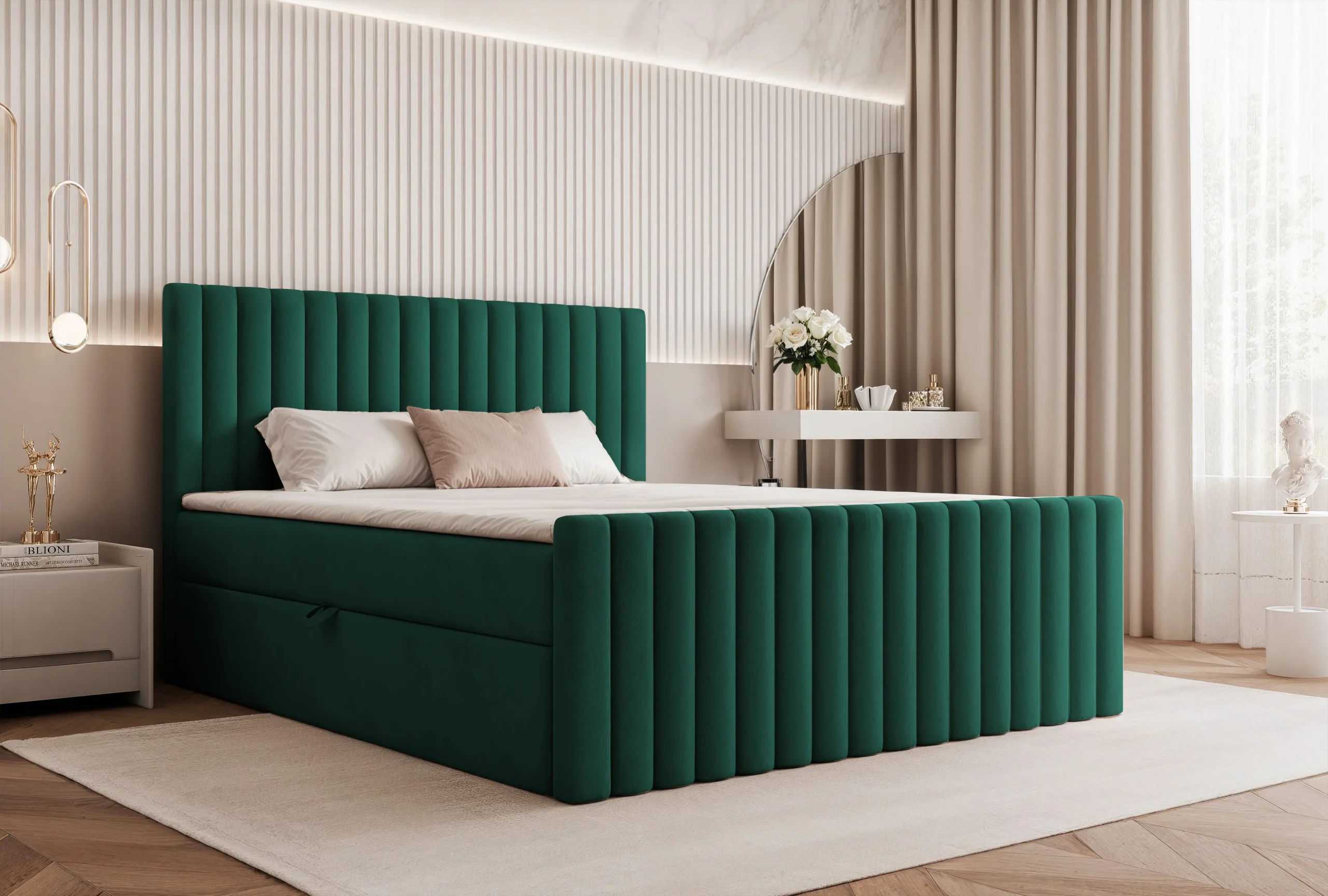 Łóżko kontynentalne z pojemnikami i topperem Velissa 160x200 cm – wspiera kręgosłup