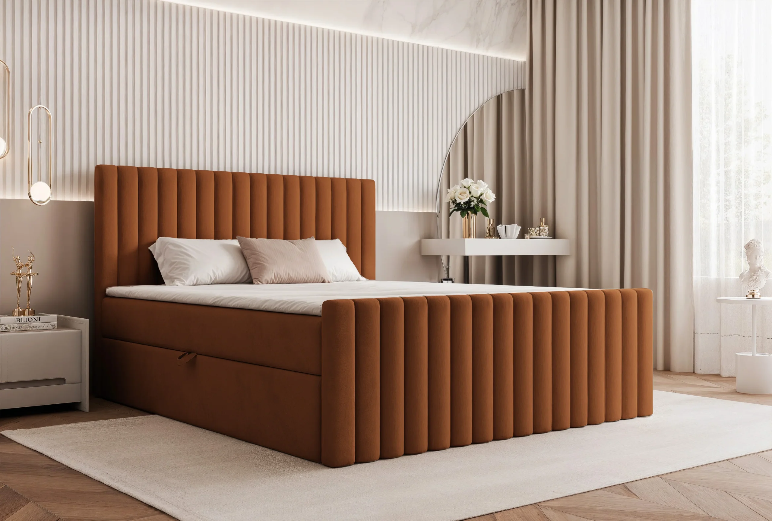 Łóżko kontynentalne z pojemnikami i topperem Velissa 160x200 cm – wspiera kręgosłup