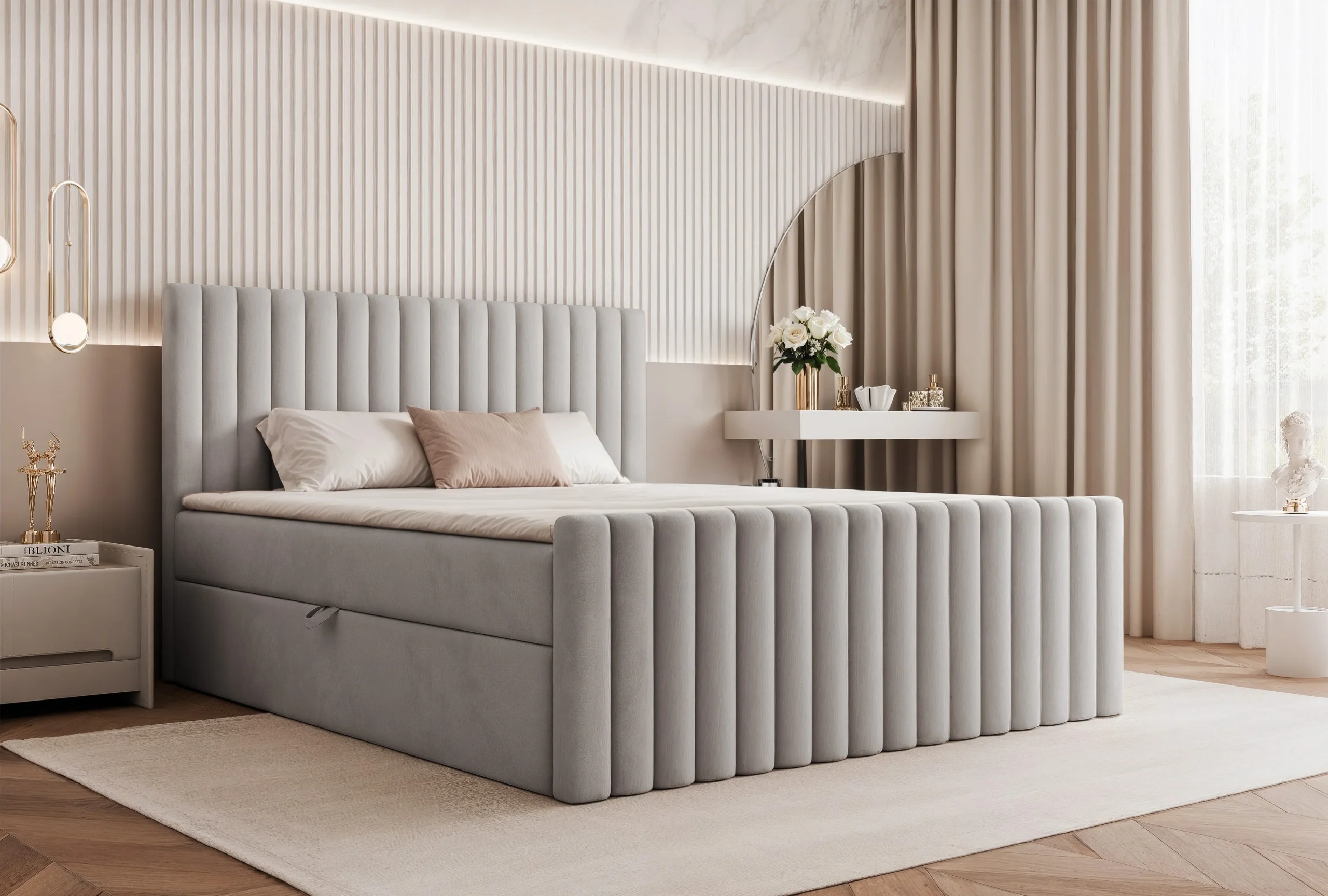Łóżko kontynentalne z pojemnikami i topperem Velissa 160x200 cm – wspiera kręgosłup