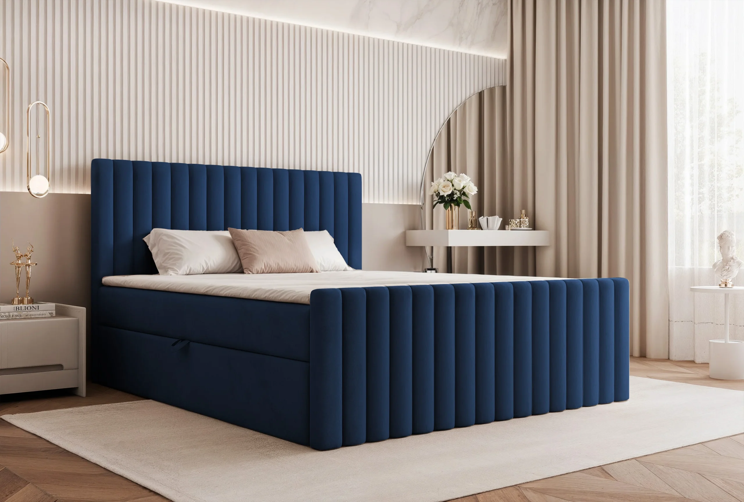 Łóżko kontynentalne z pojemnikami i topperem Velissa 160x200 cm – wspiera kręgosłup