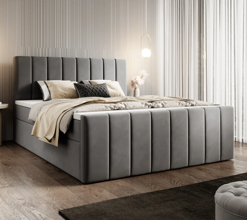 Łóżko kontynentalne z pojemnikami i topperem Levora z zanóżkiem 160x200 cm – wsparcie dla pleców