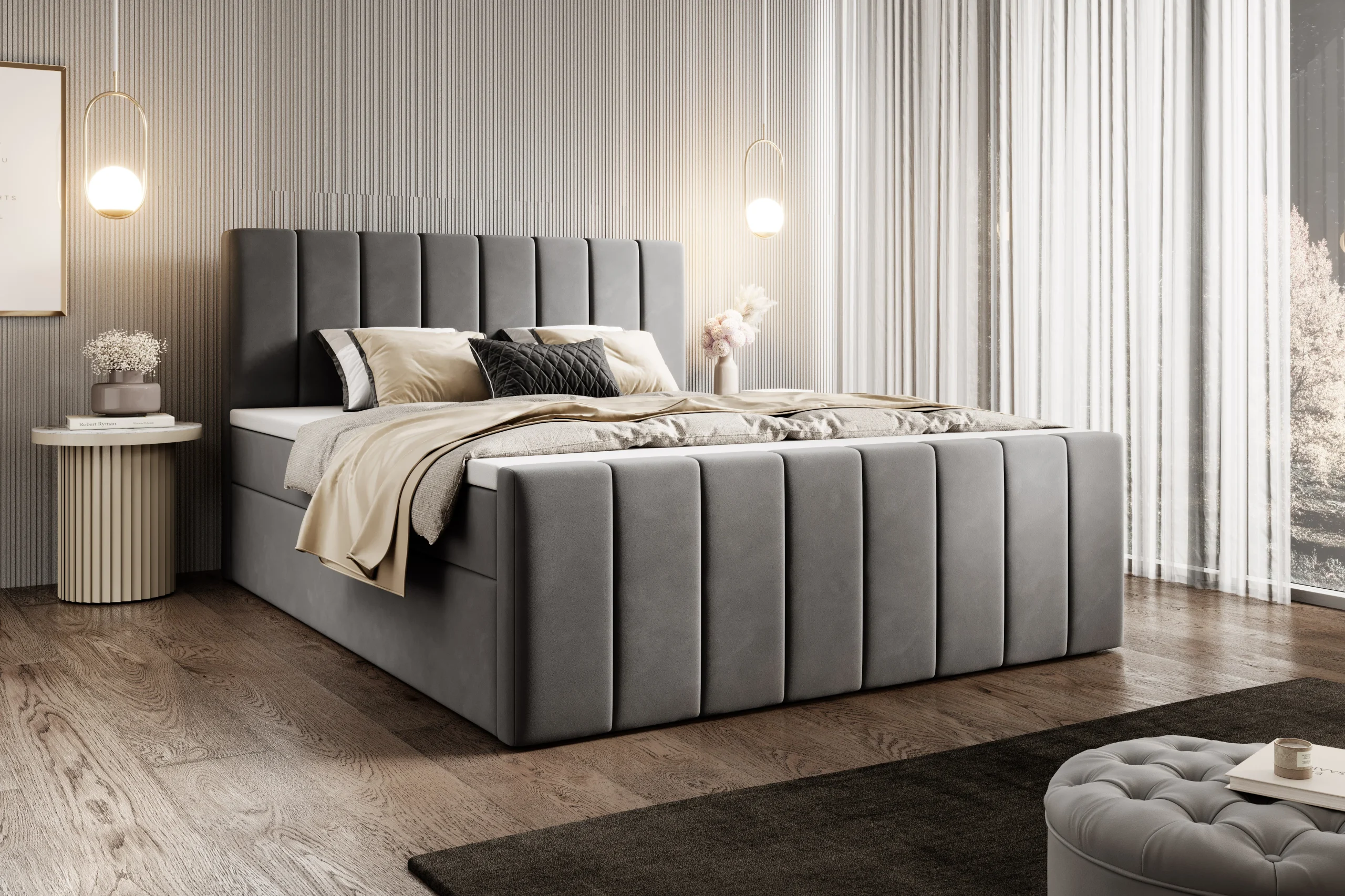 Łóżko kontynentalne z pojemnikami i topperem Levora z zanóżkiem 160x200 cm – wsparcie dla pleców