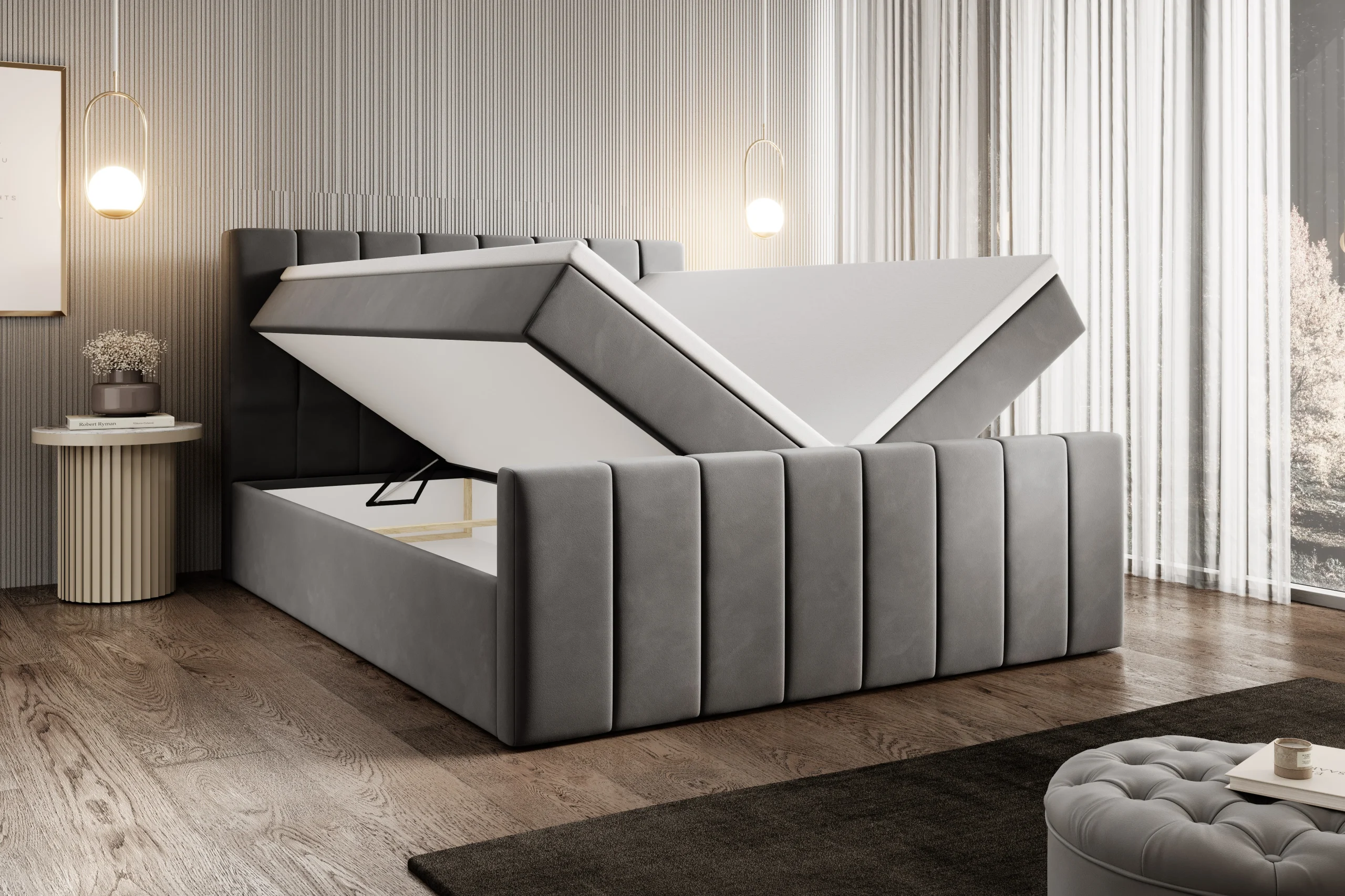 Łóżko kontynentalne z pojemnikami i topperem Levora z zanóżkiem 160x200 cm – wsparcie dla pleców