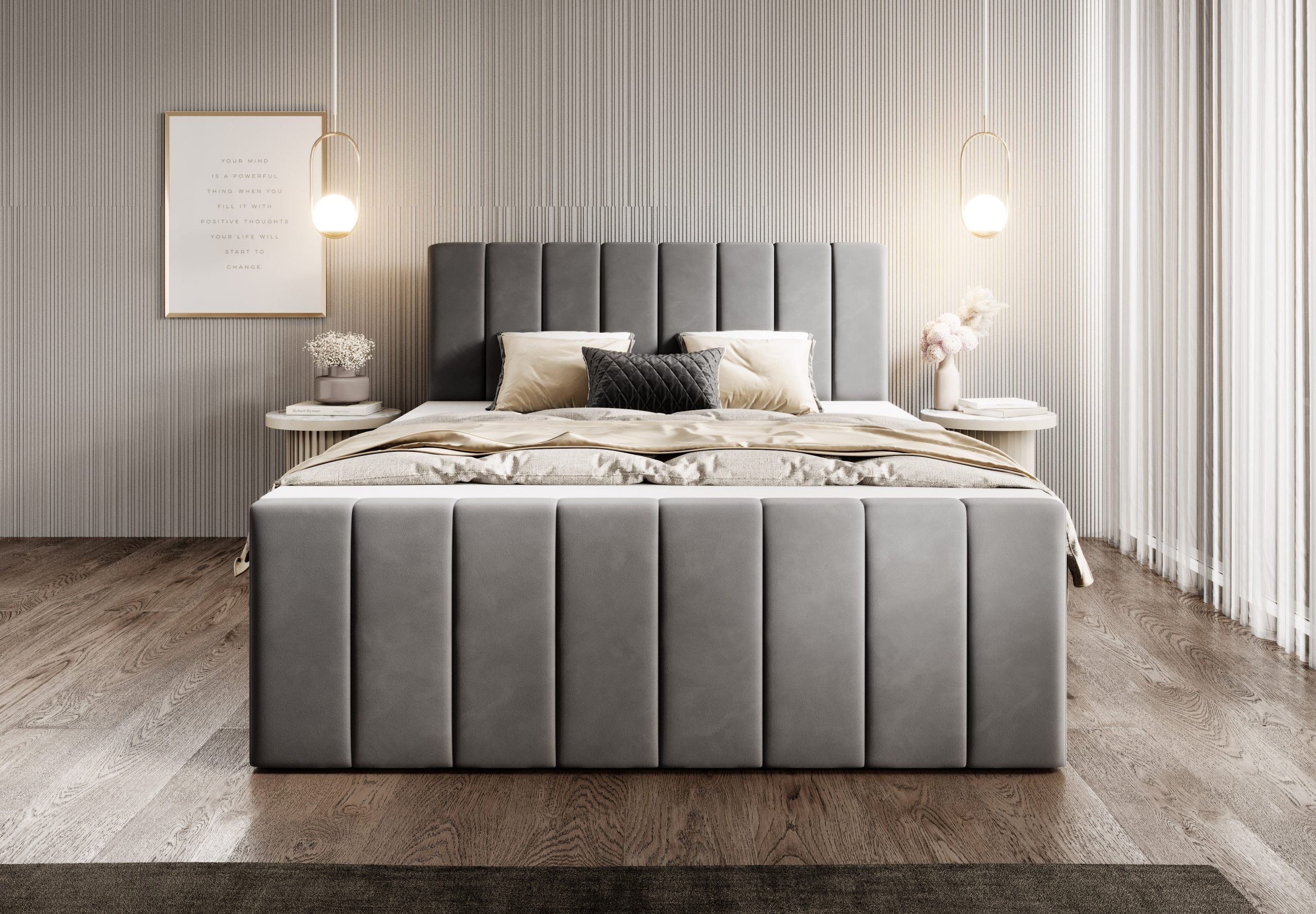 Łóżko kontynentalne z pojemnikami i topperem Levora z zanóżkiem 160x200 cm – wsparcie dla pleców