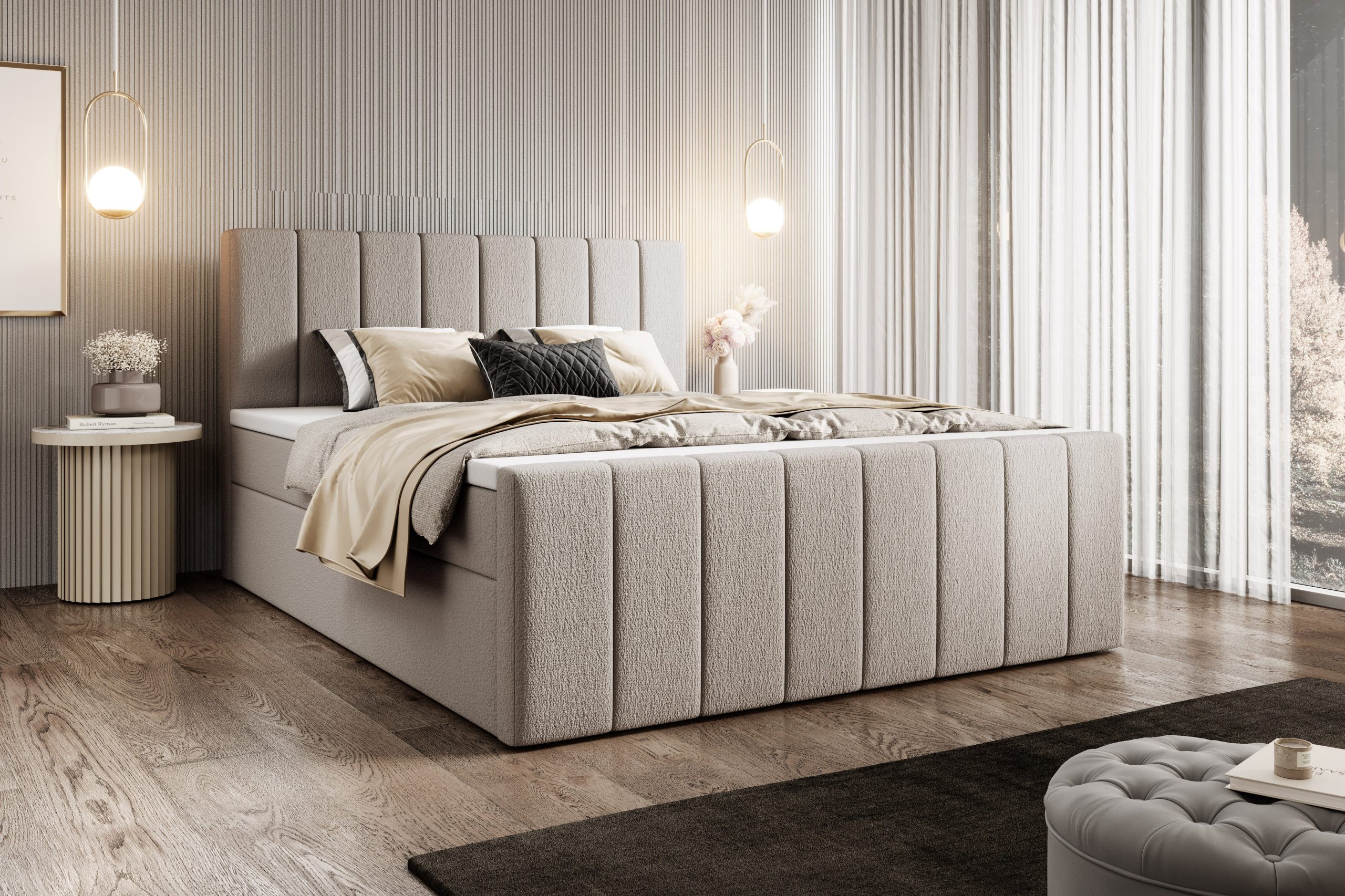 Łóżko kontynentalne z pojemnikami i topperem Levora z zanóżkiem 160x200 cm – wsparcie dla pleców