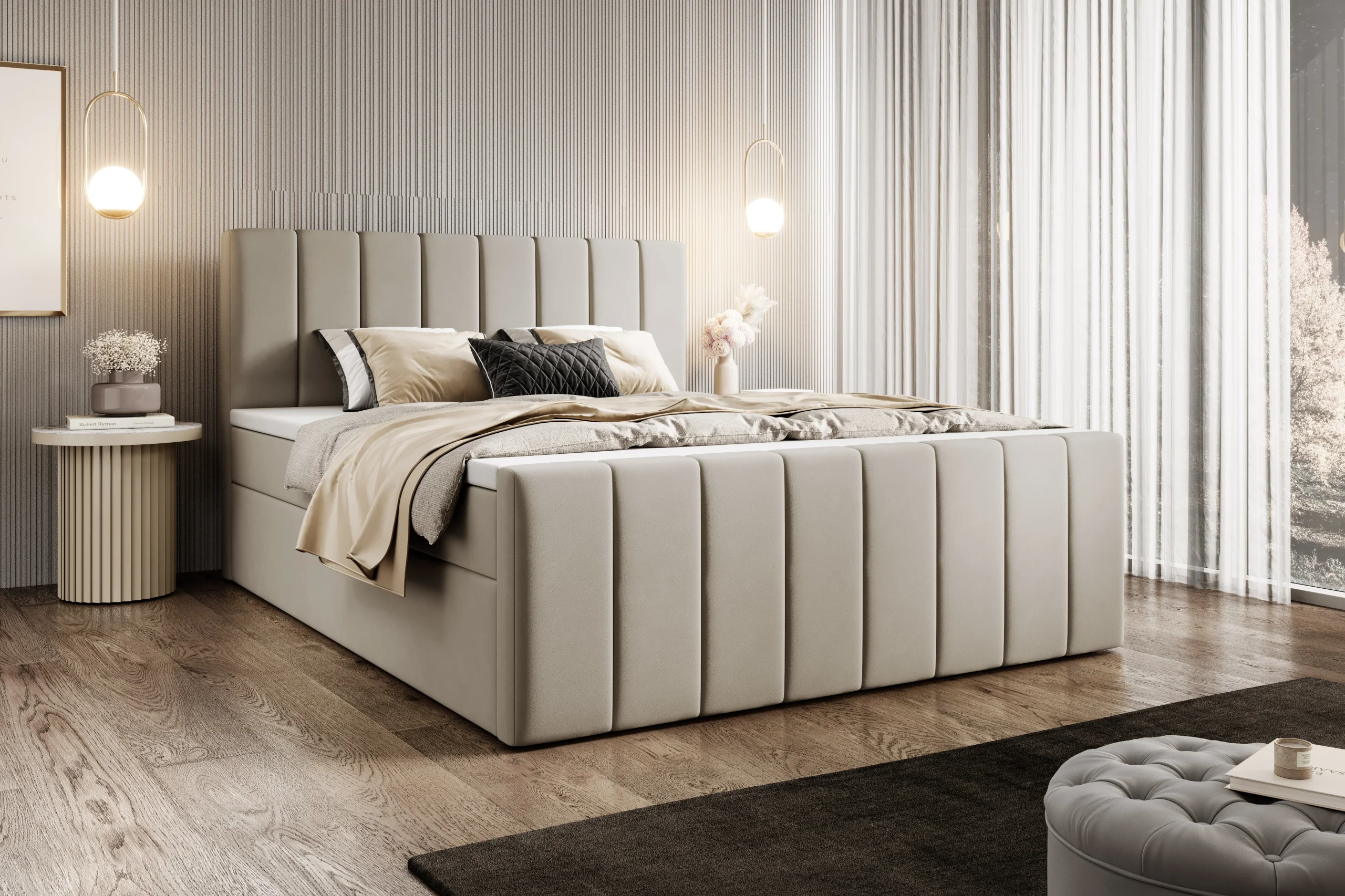 Łóżko kontynentalne z pojemnikami i topperem Levora z zanóżkiem 160x200 cm – wsparcie dla pleców