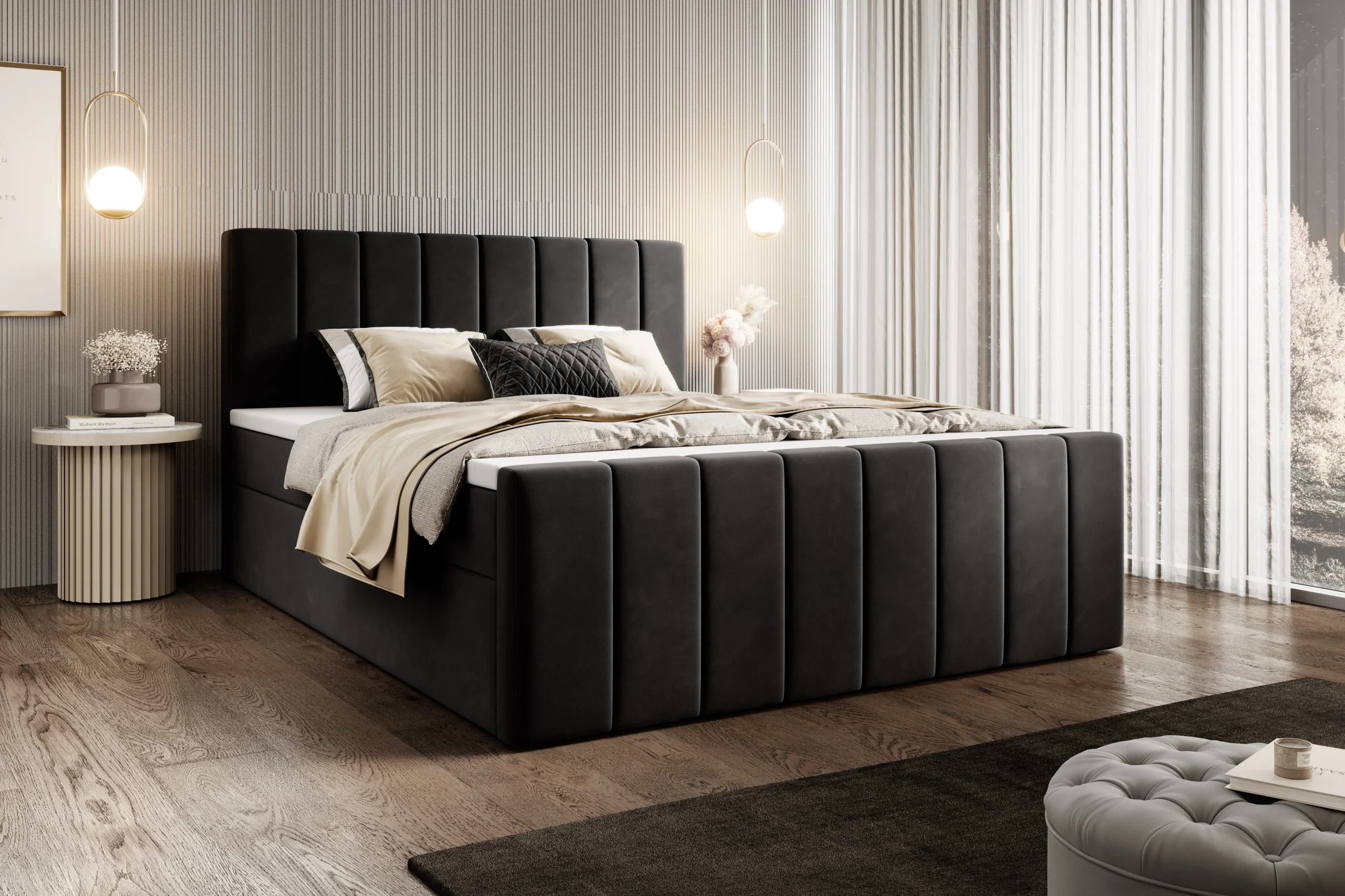 Łóżko kontynentalne z pojemnikami i topperem Levora z zanóżkiem 160x200 cm – wsparcie dla pleców