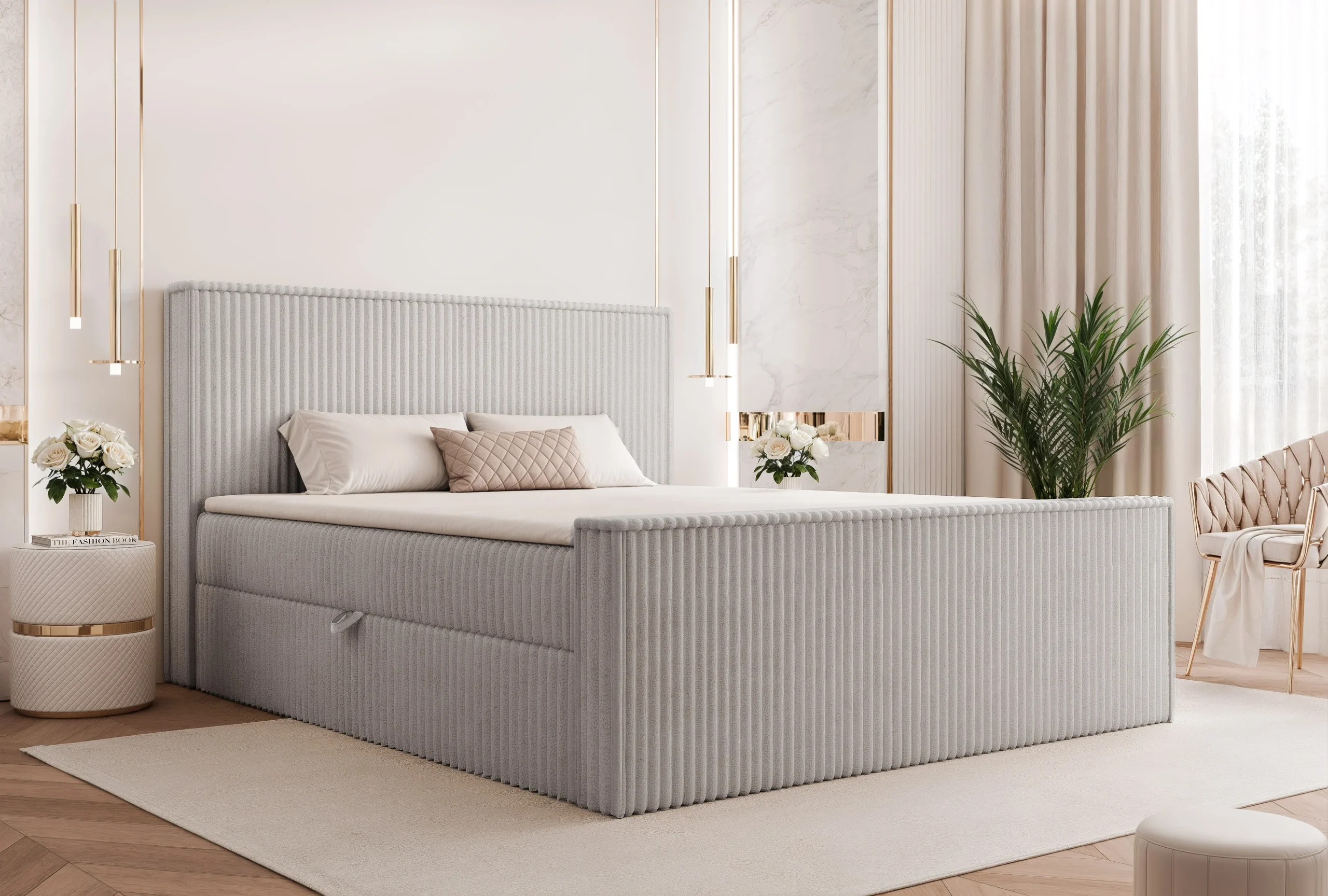 Łóżko kontynentalne z pojemnikami i topperem Solara 160x200 cm – dla bolących pleców