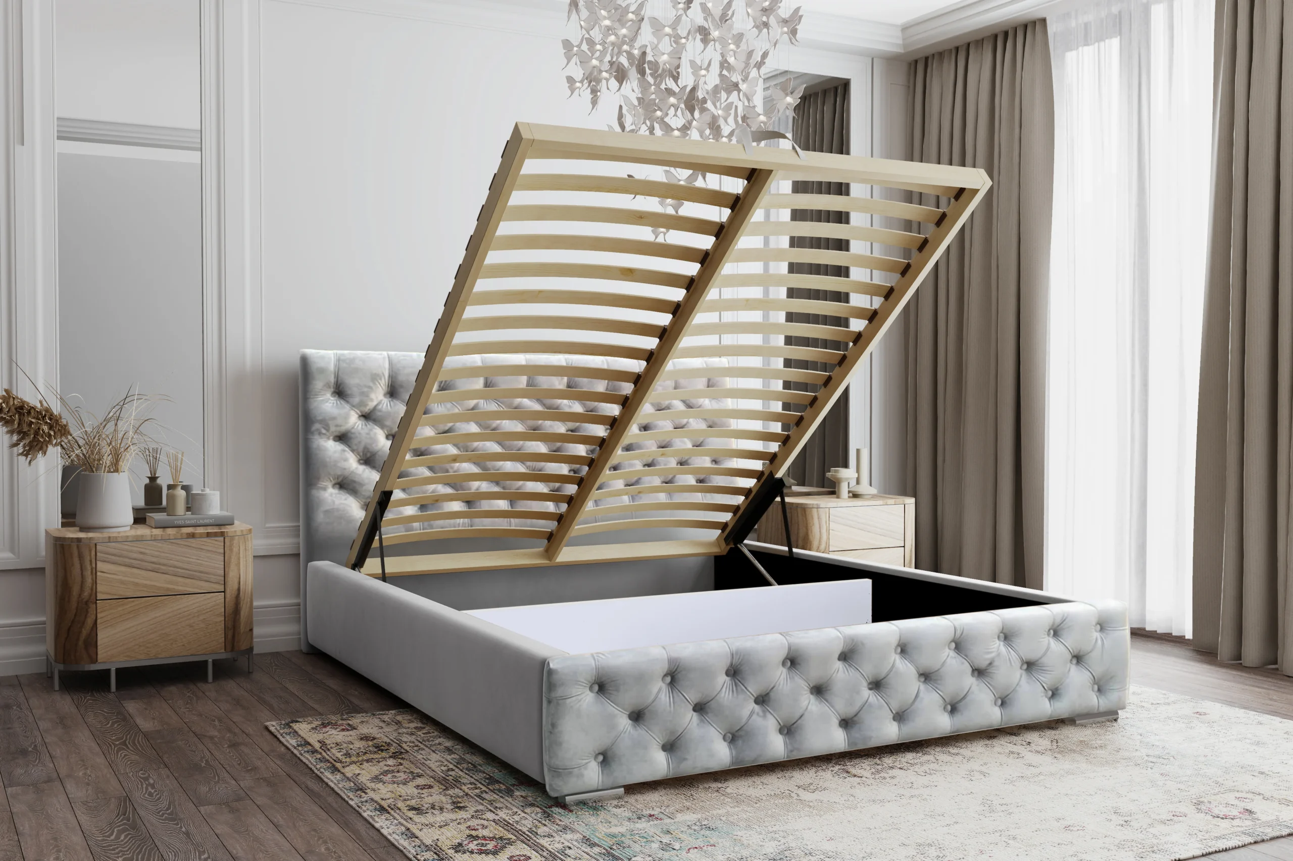 Łóżko tapicerowane z pojemnikiem Magnifica Chesterfield 160x200 cm – tkanina plamoodporna