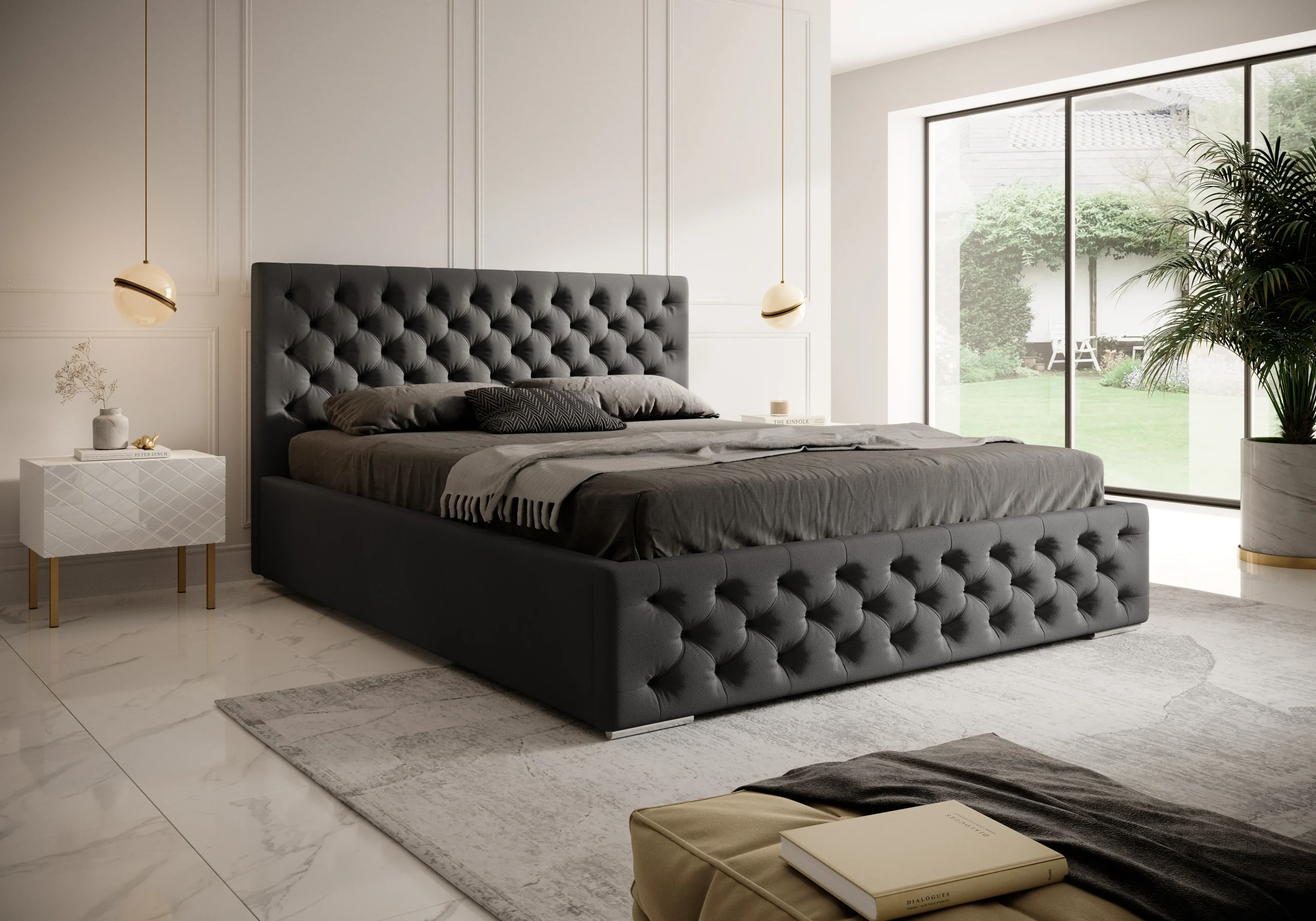 Łóżko tapicerowane z pojemnikiem Magnifica Chesterfield 160x200 cm – tkanina plamoodporna