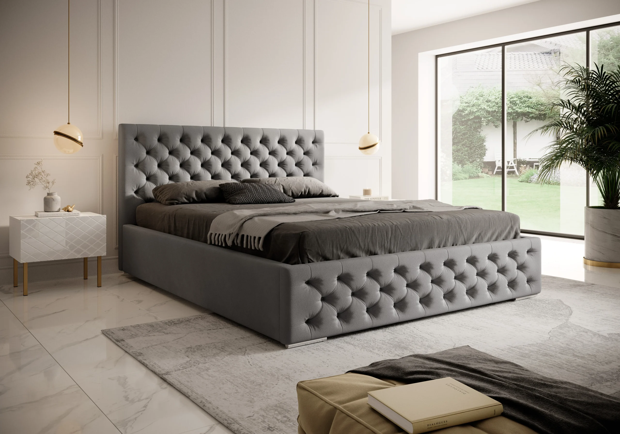 Łóżko tapicerowane z pojemnikiem Magnifica Chesterfield 160x200 cm – tkanina plamoodporna