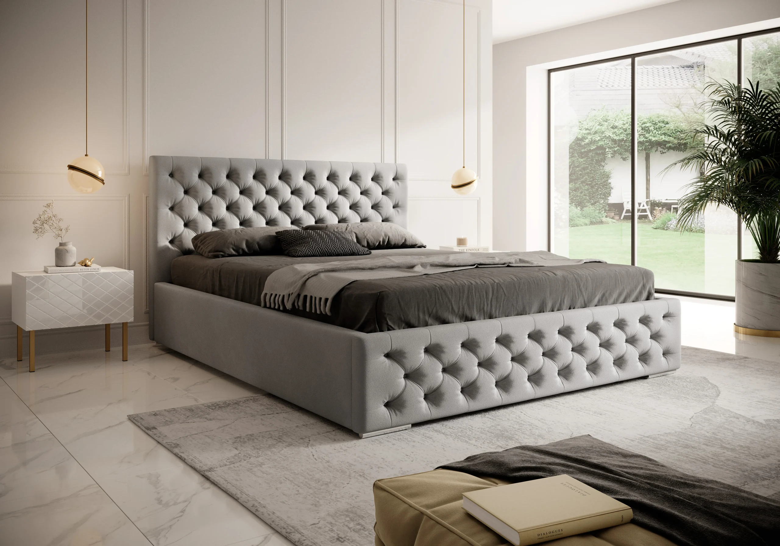 Łóżko tapicerowane z pojemnikiem Magnifica Chesterfield 160x200 cm – tkanina plamoodporna