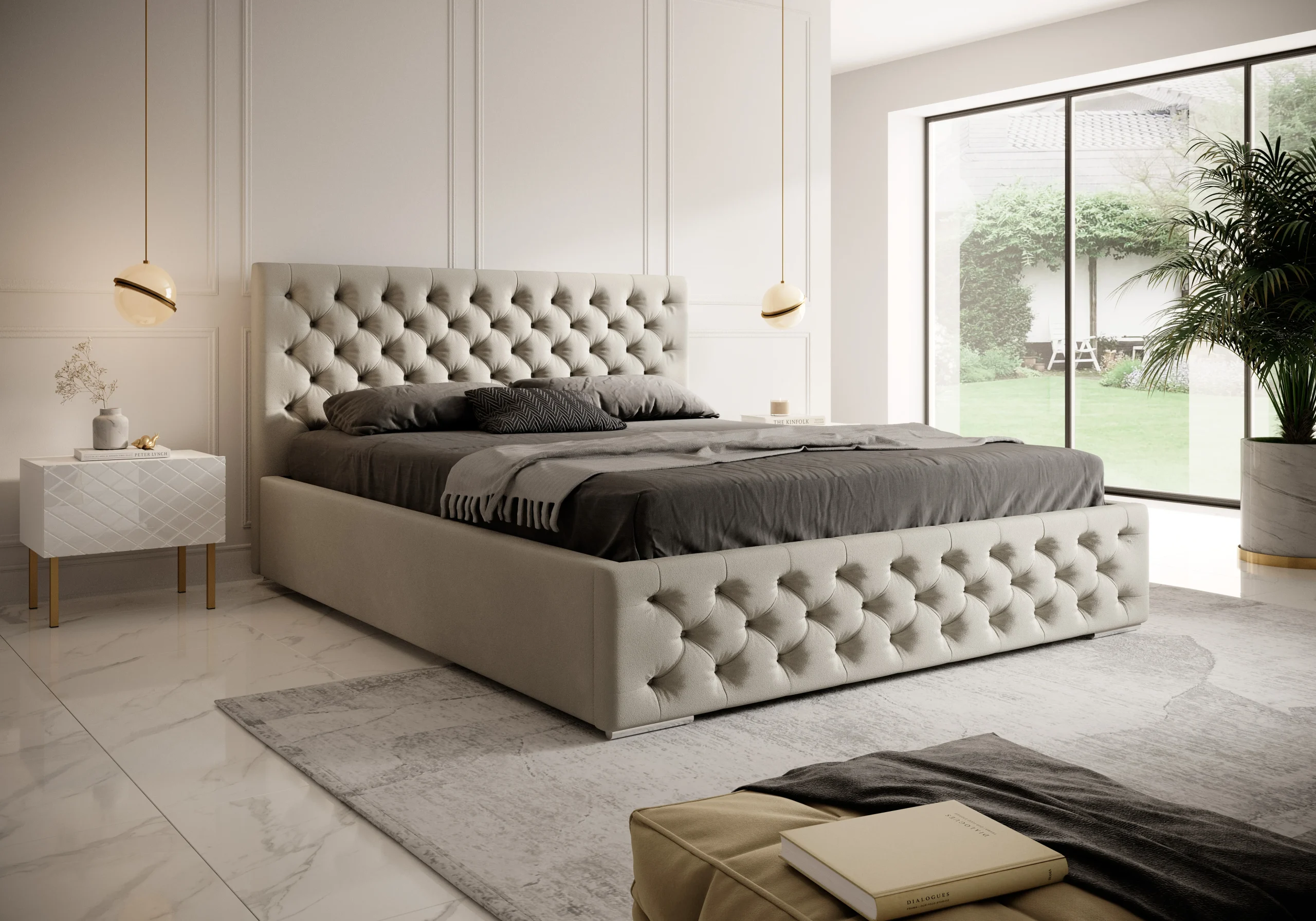 Łóżko tapicerowane z pojemnikiem Magnifica Chesterfield 160x200 cm – tkanina plamoodporna