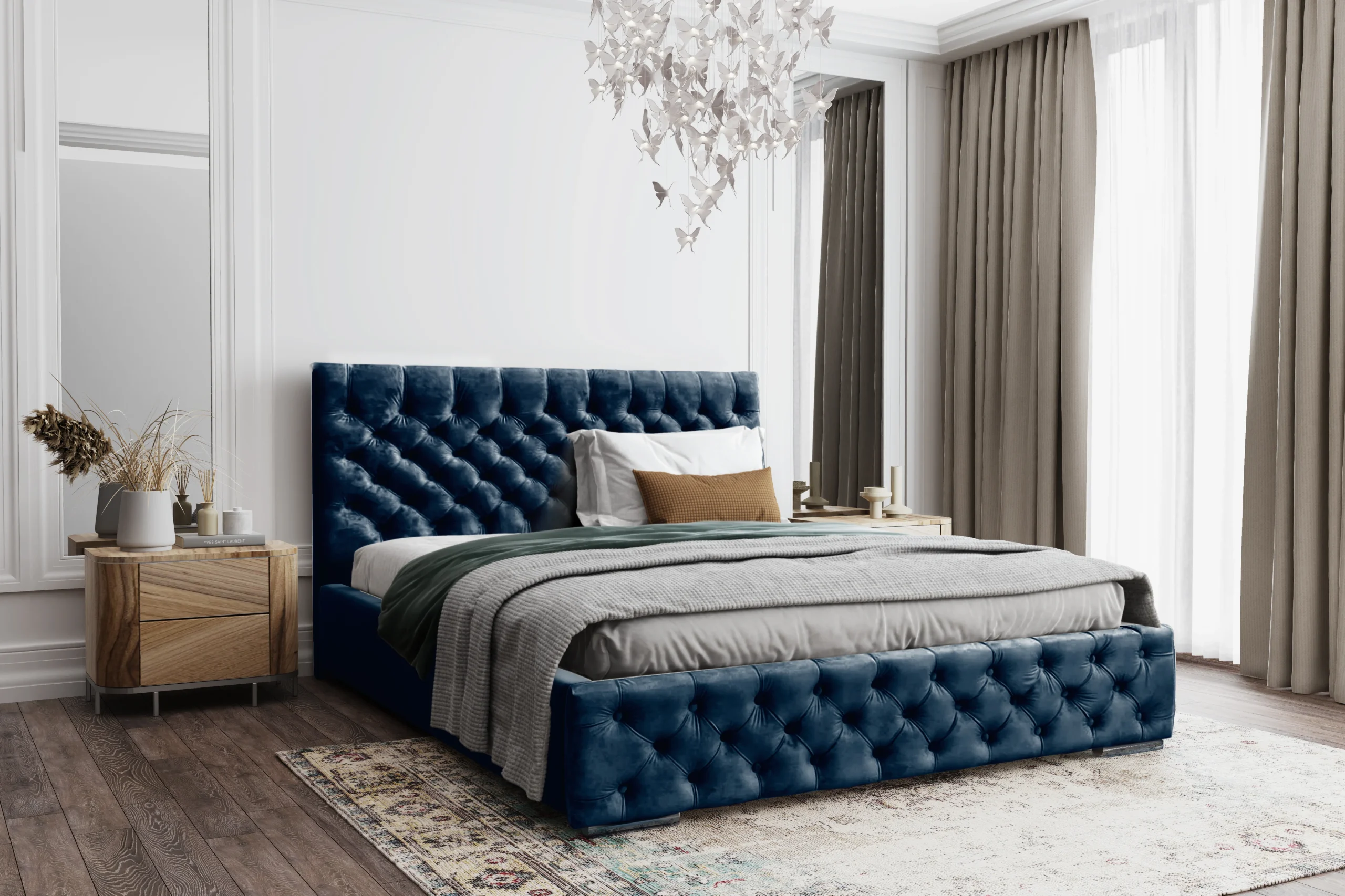 Łóżko tapicerowane z pojemnikiem Magnifica Chesterfield 160x200 cm – tkanina plamoodporna