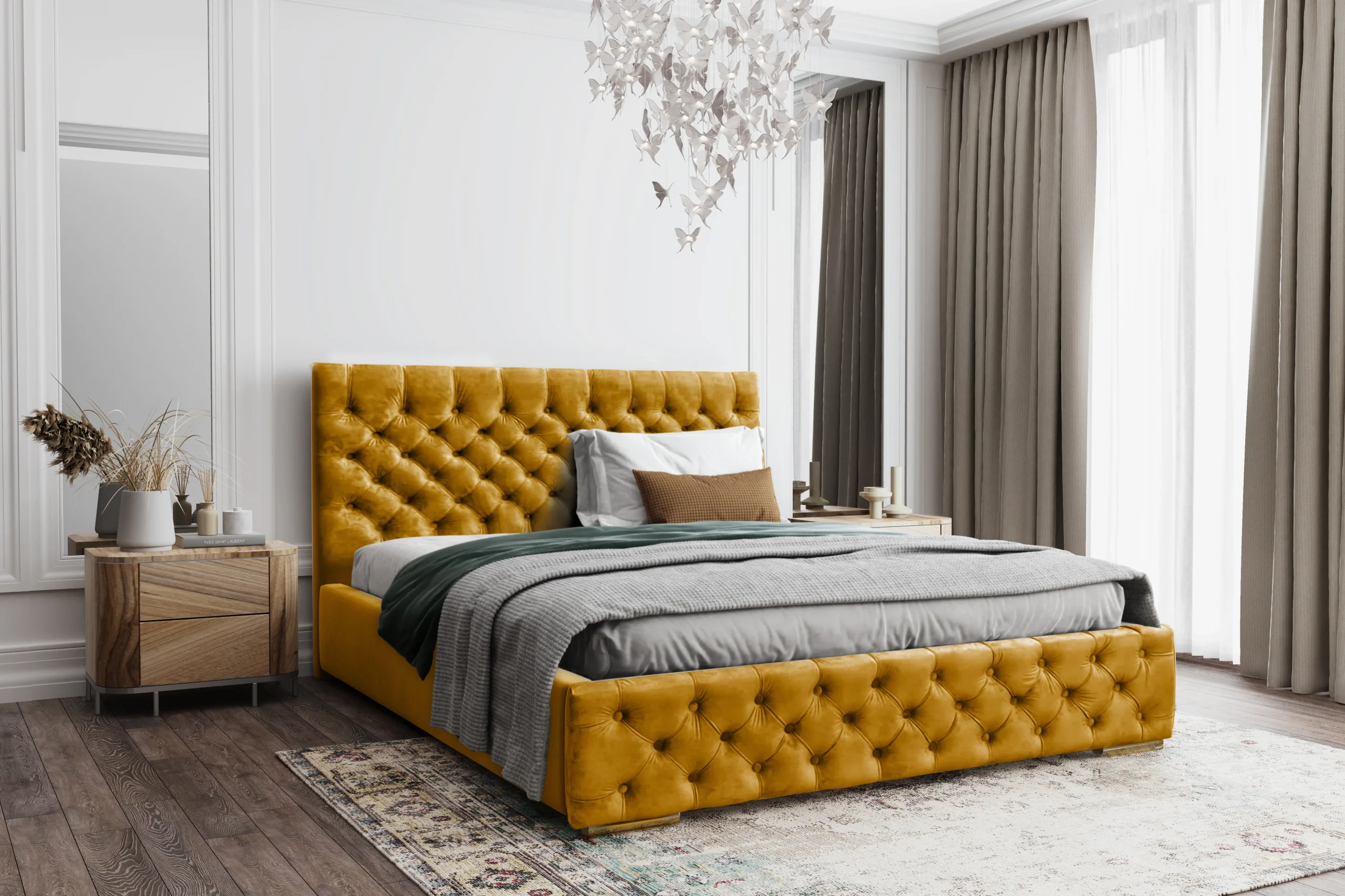 Łóżko tapicerowane z pojemnikiem Magnifica Chesterfield 160x200 cm – tkanina plamoodporna
