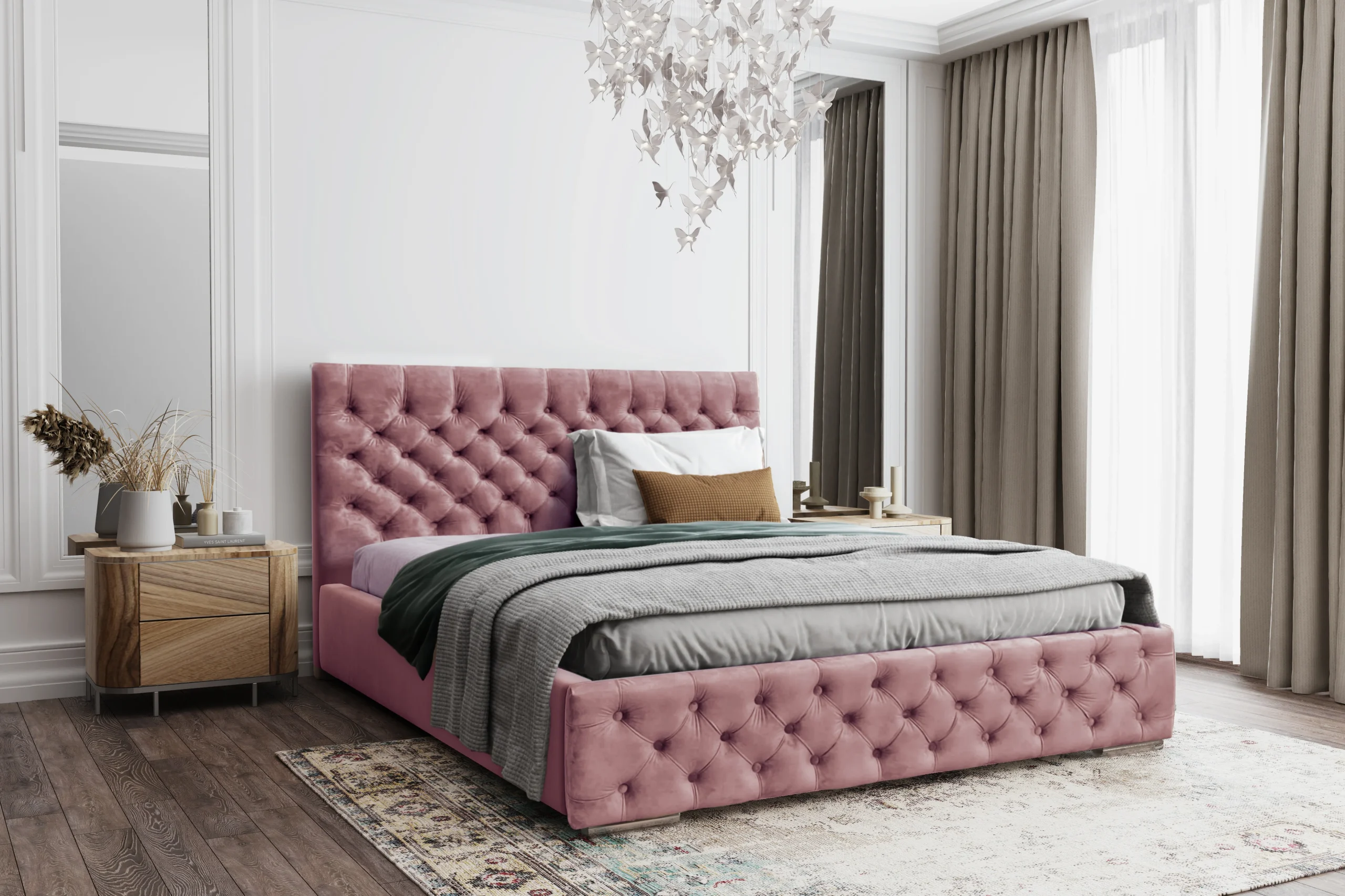 Łóżko tapicerowane z pojemnikiem Magnifica Chesterfield 160x200 cm – tkanina plamoodporna