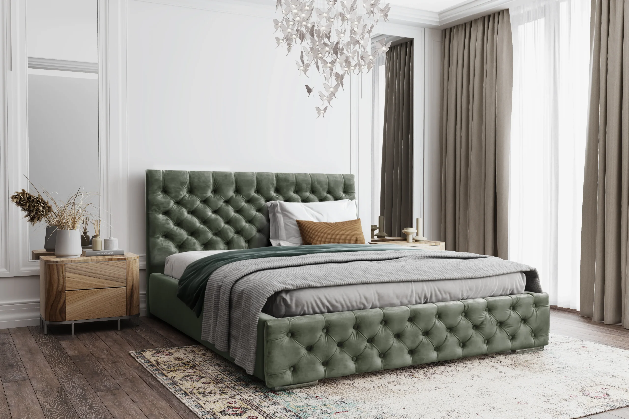 Łóżko tapicerowane z pojemnikiem Magnifica Chesterfield 160x200 cm – tkanina plamoodporna