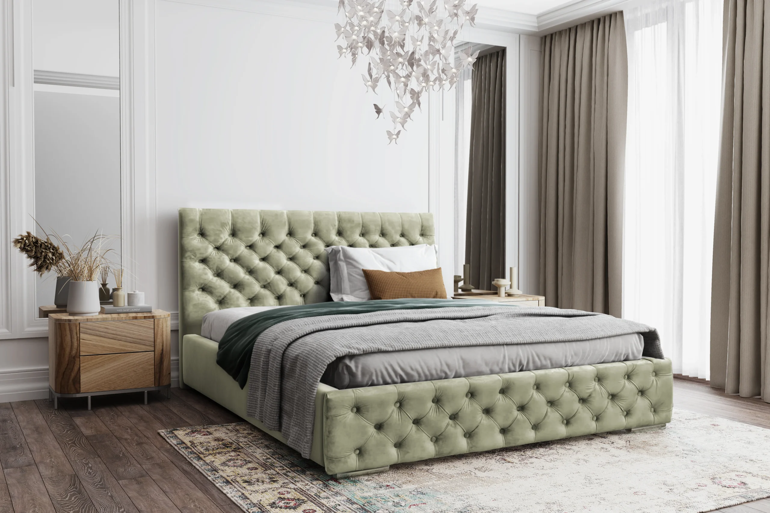 Łóżko tapicerowane z pojemnikiem Magnifica Chesterfield 160x200 cm – tkanina plamoodporna
