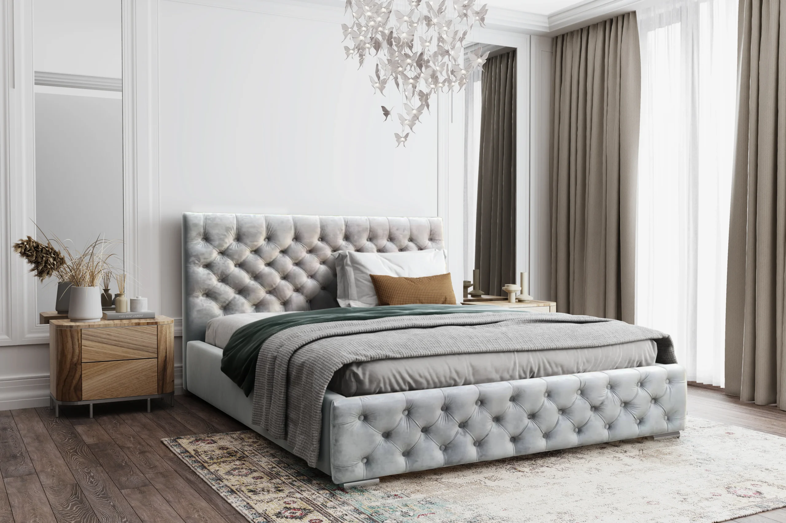 Łóżko tapicerowane z pojemnikiem Magnifica Chesterfield 160x200 cm – tkanina plamoodporna