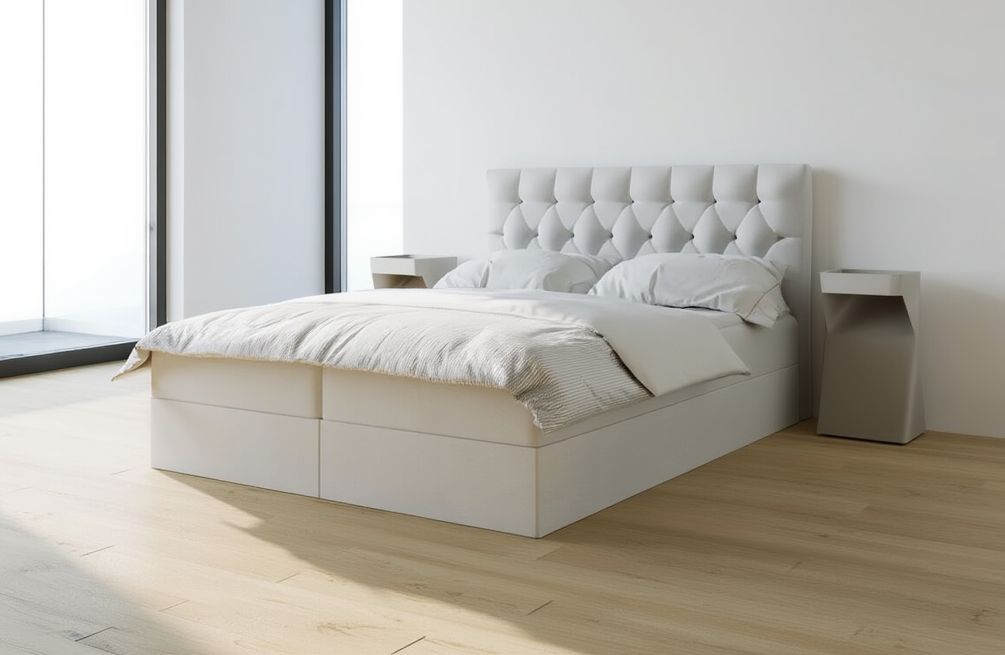 Łóżko kontynentalne z pojemnikiem i topperem LERIA 2 160x200 cm – dla bolących pleców
