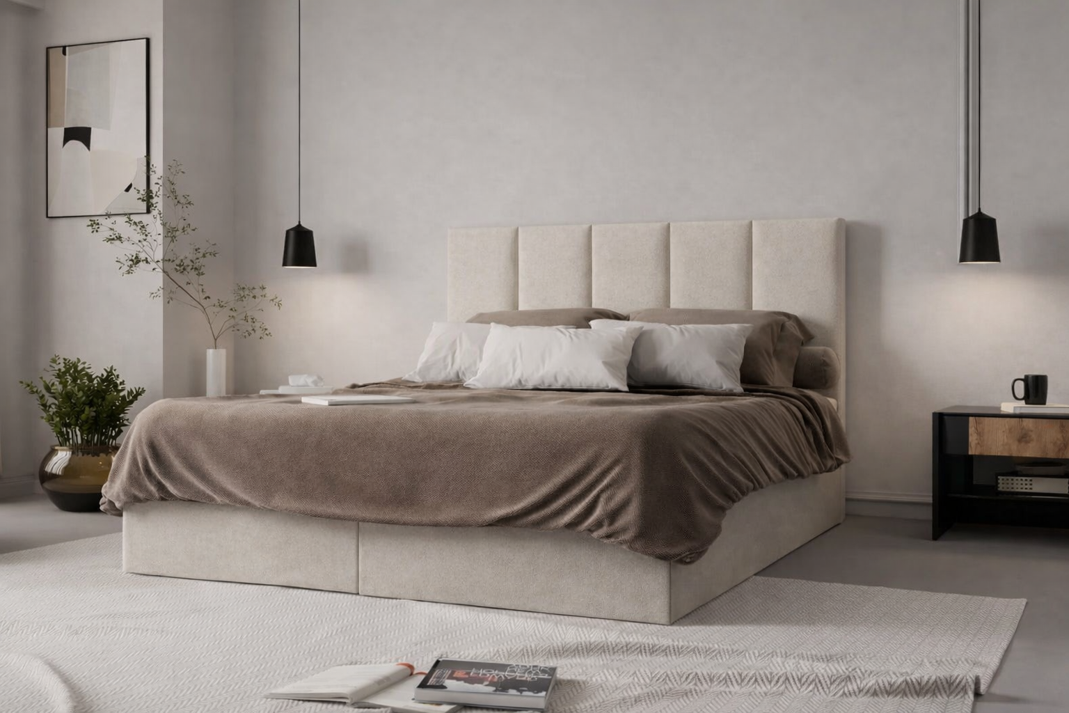 Łóżko kontynentalne z pojemnikami i topperem LORENC 2 160x200 cm – wspiera bolące plecy
