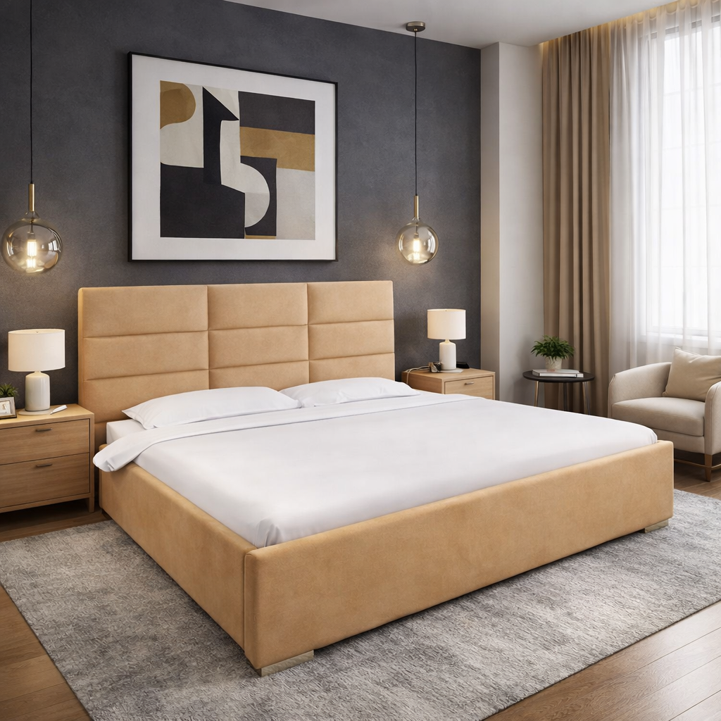 Łóżko tapicerowane Belari z pojemnikiem, tkanina hydrofobowa 160x200 cm – łatwe w czyszczeniu