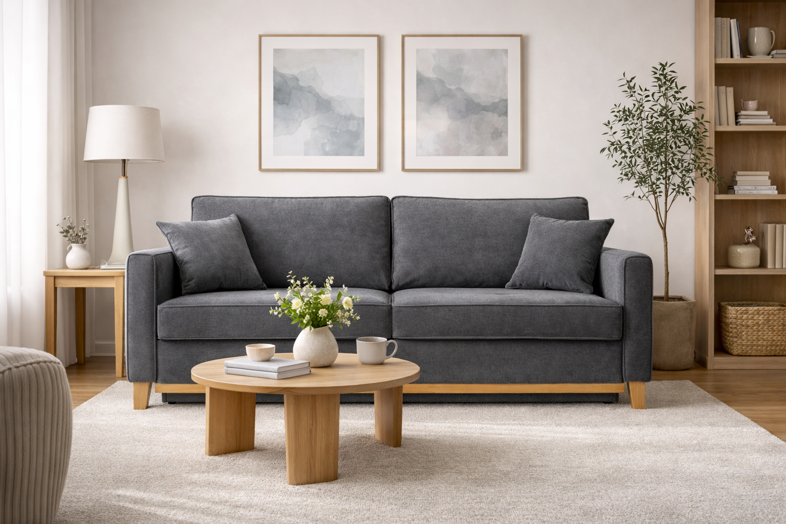 Sofa tapicerowana rozkładana z poduchami Risa z funkcją spania