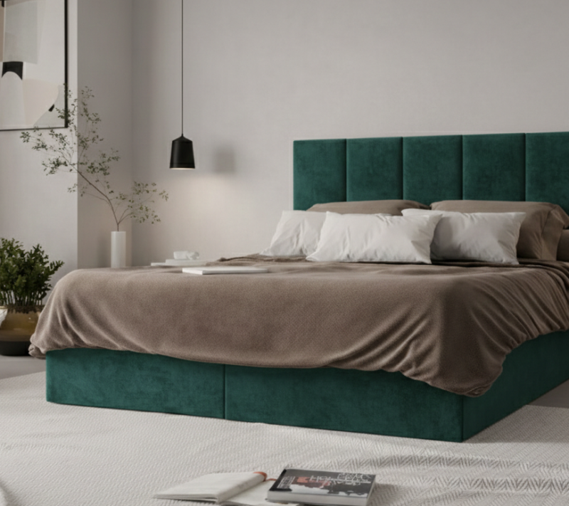 Łóżko kontynentalne z pojemnikami i topperem LORENC 2 160x200 cm – wspiera bolące plecy