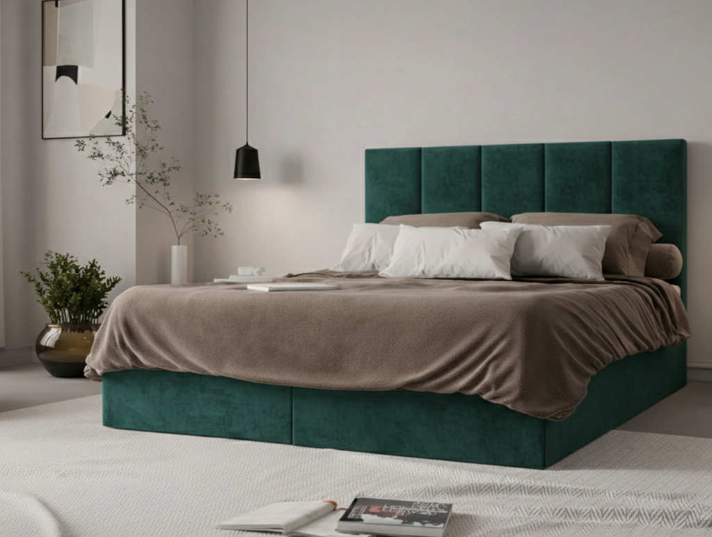 Łóżko kontynentalne z pojemnikami i topperem LORENC 2 160x200 cm – wspiera bolące plecy