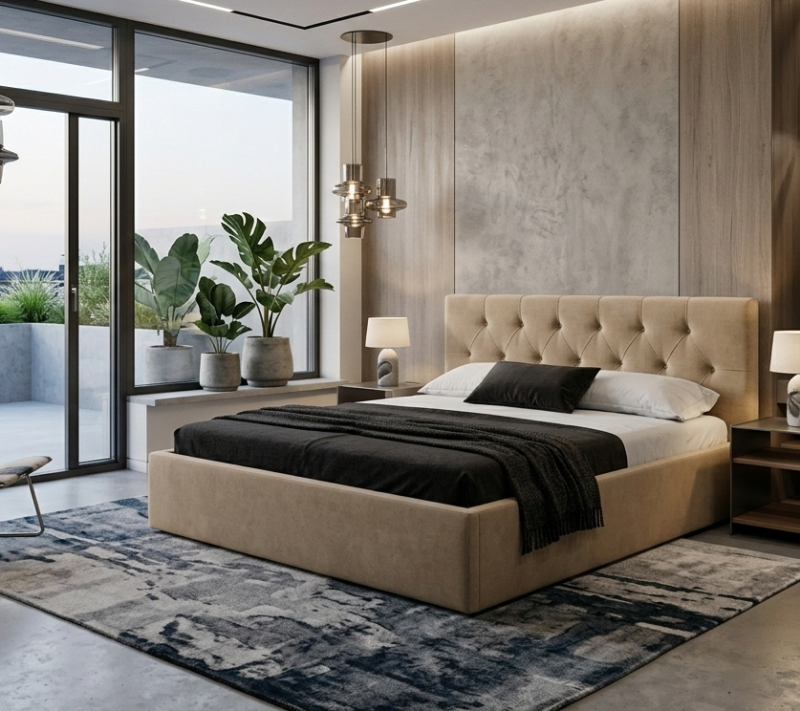 Eleganckie łóżko tapicerowane HONY szare 160x200 cm z pojemnikiem – tkanina hydrofobowa