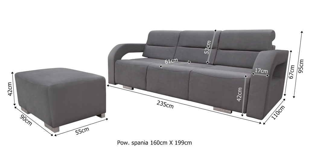 Sofa tapicerowana rozkładana 3 osobowa z pufą Amoro + pufa