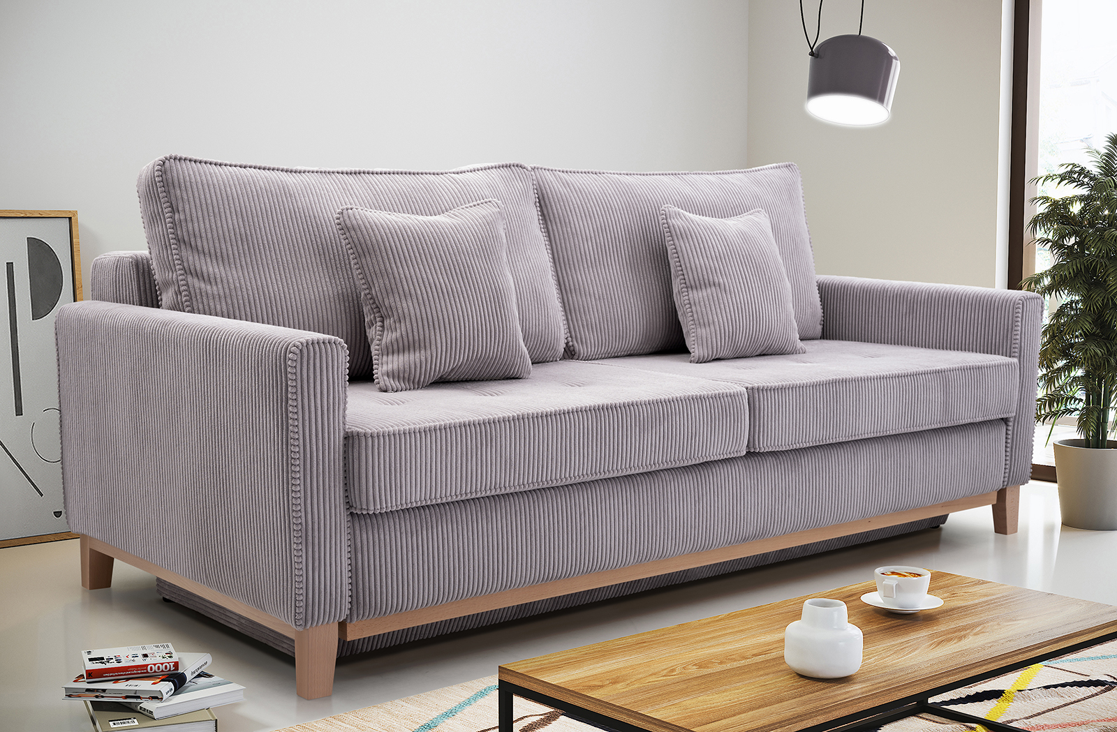 Sofa tapicerowana rozkładana z poduchami Risa z funkcją spania