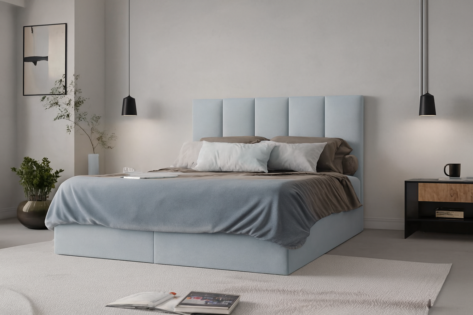 Łóżko kontynentalne z pojemnikami i topperem LORENC 2 160x200 cm – wspiera bolące plecy