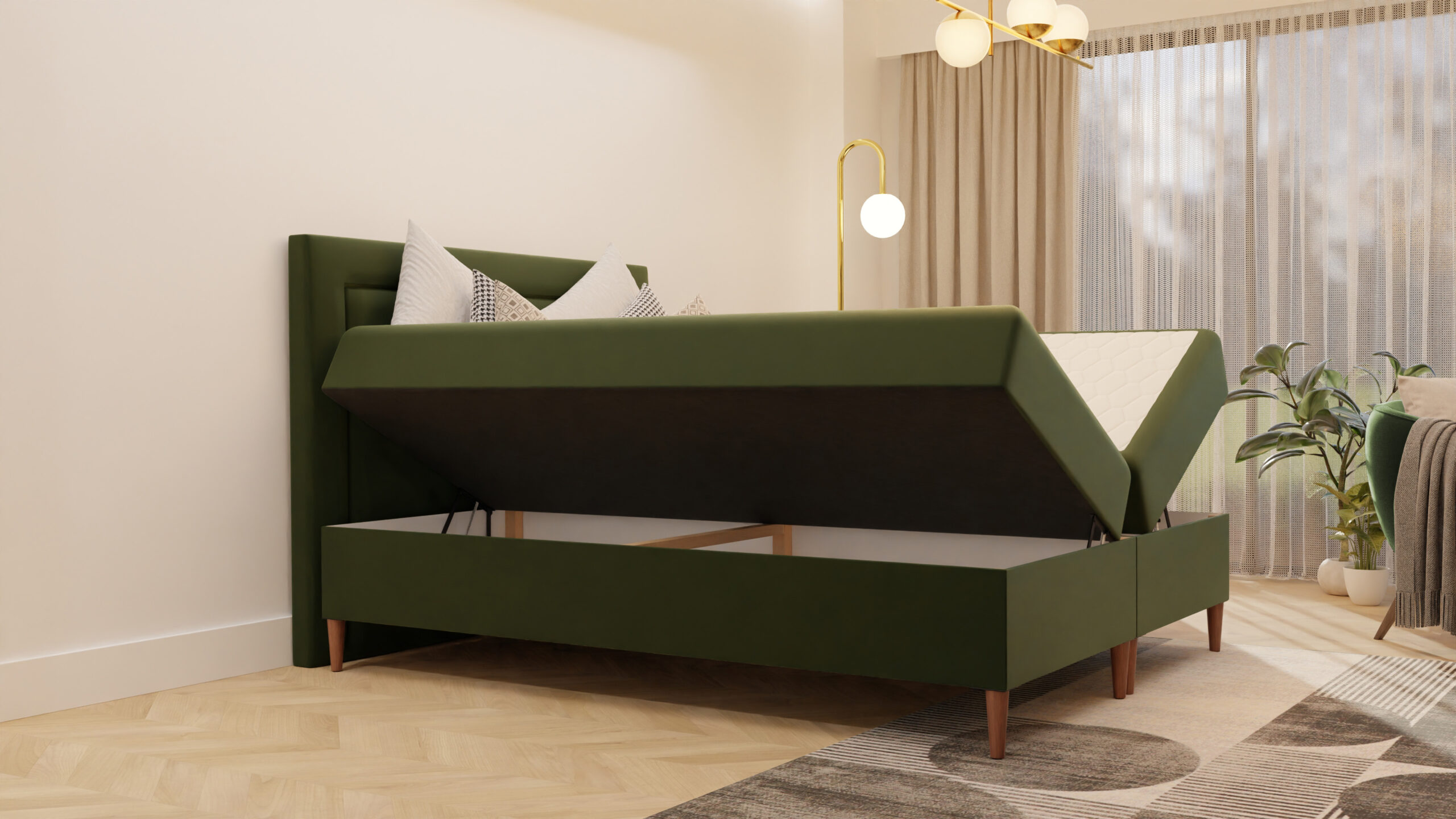 Łóżko kontynentalne z pojemnikami i topperem Azzari 160x200 cm – idealne dla bolących pleców