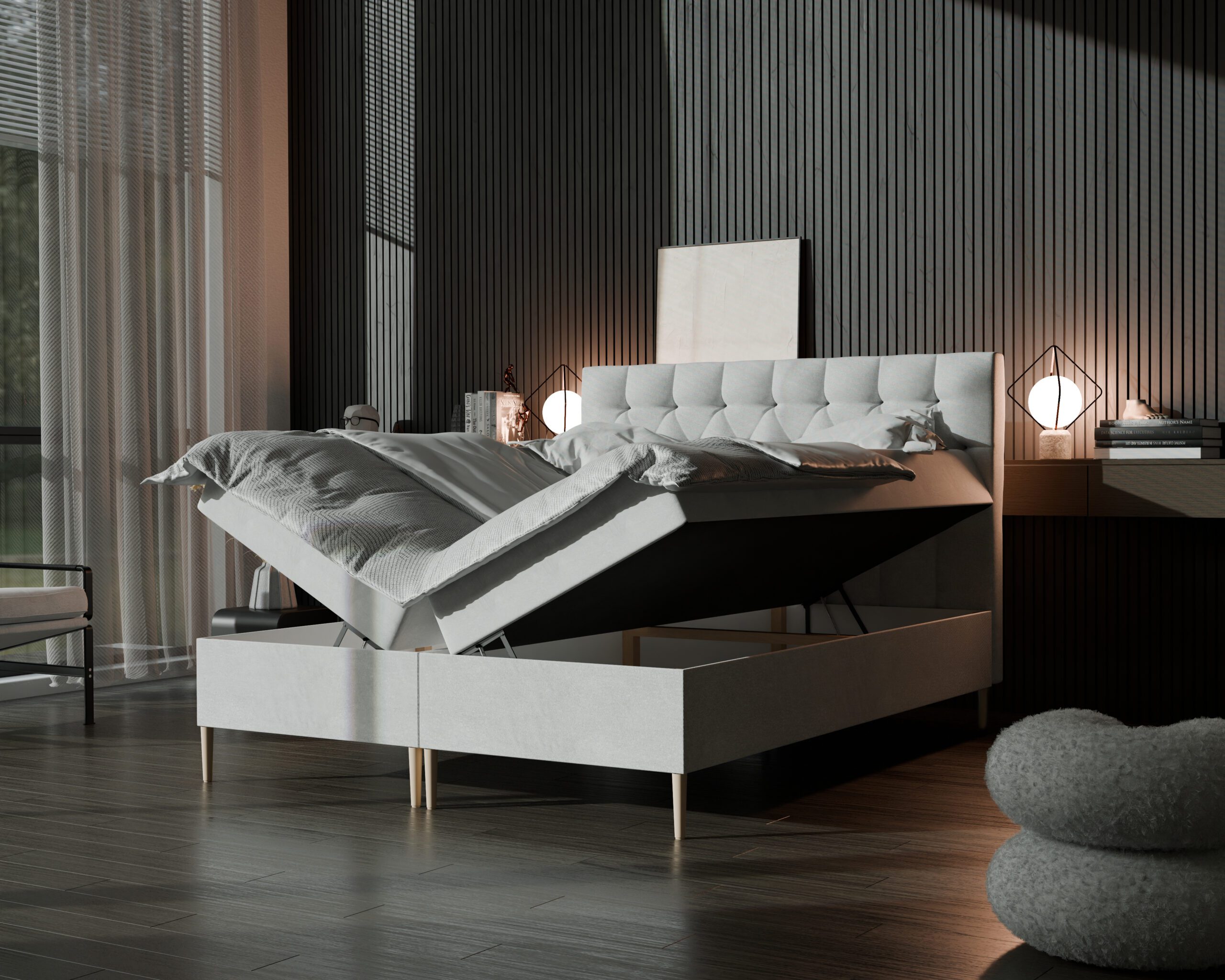 Łóżko kontynentalne z pojemnikami i topperem LERIA 160x200 cm – dla bolących pleców