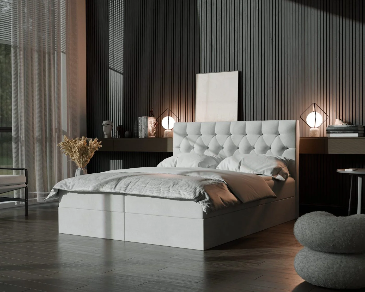 Łóżko kontynentalne z pojemnikiem i topperem LERIA 2 160x200 cm – dla bolących pleców