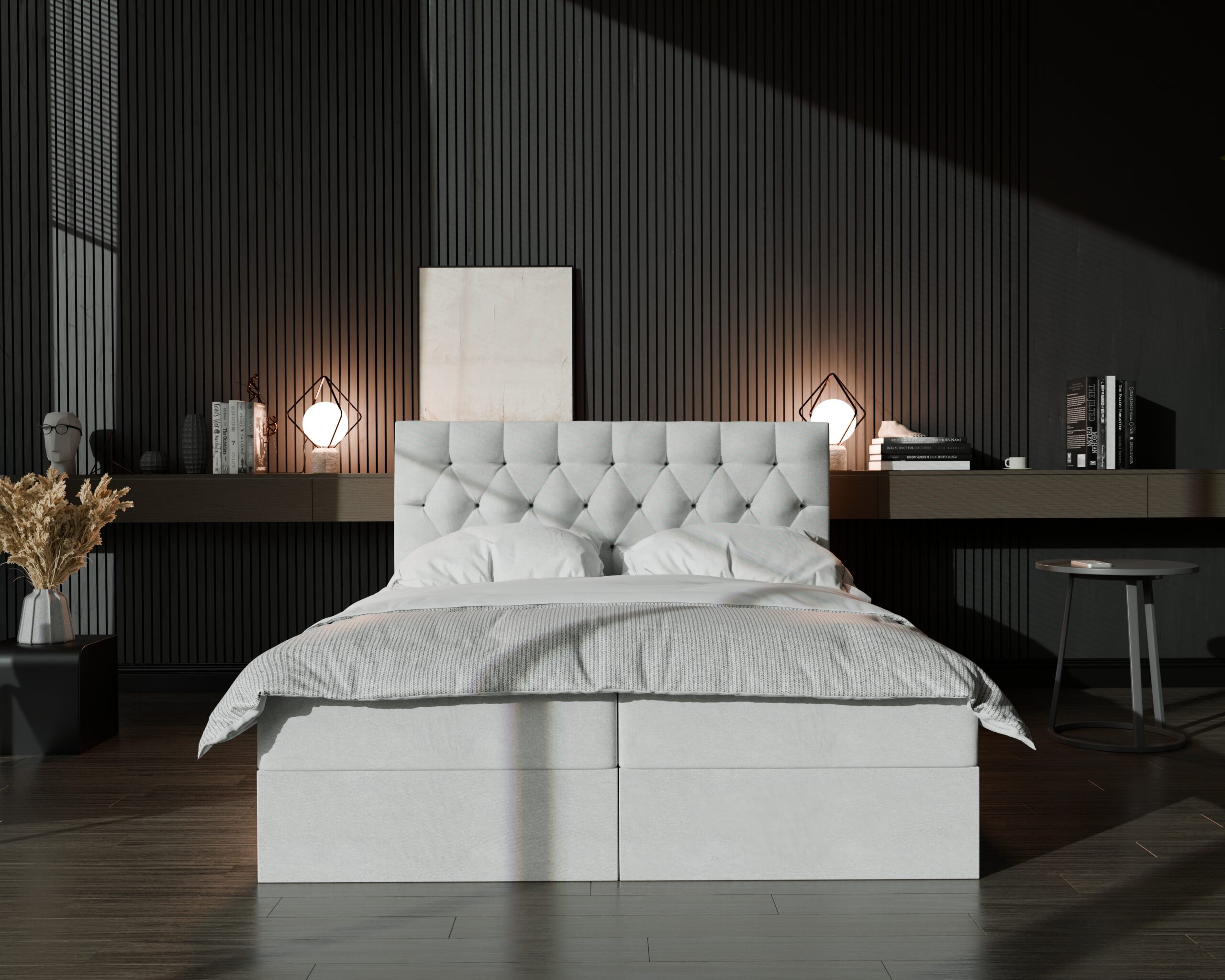 Łóżko kontynentalne z pojemnikiem i topperem LERIA 2 160x200 cm – dla bolących pleców