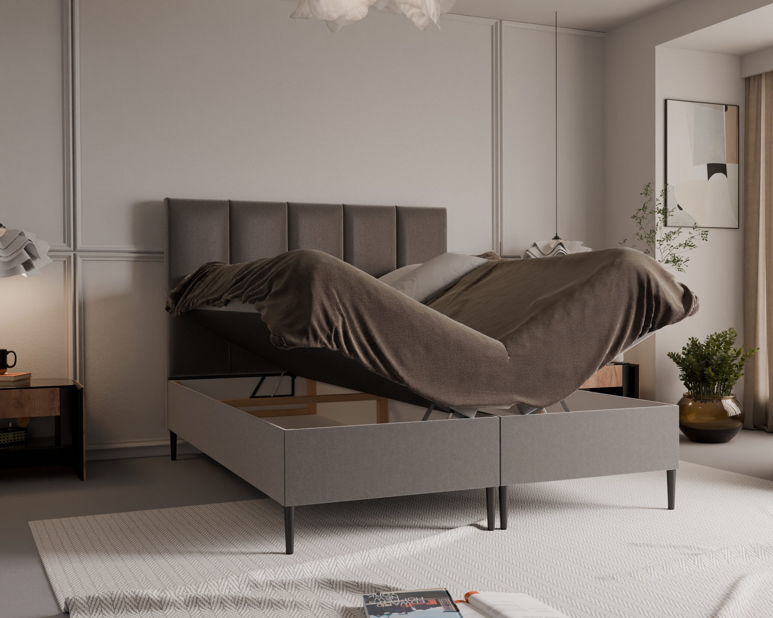 Łóżko kontynentalne z pojemnikami i topperem LORENC 160x200 cm – dla bolących pleców