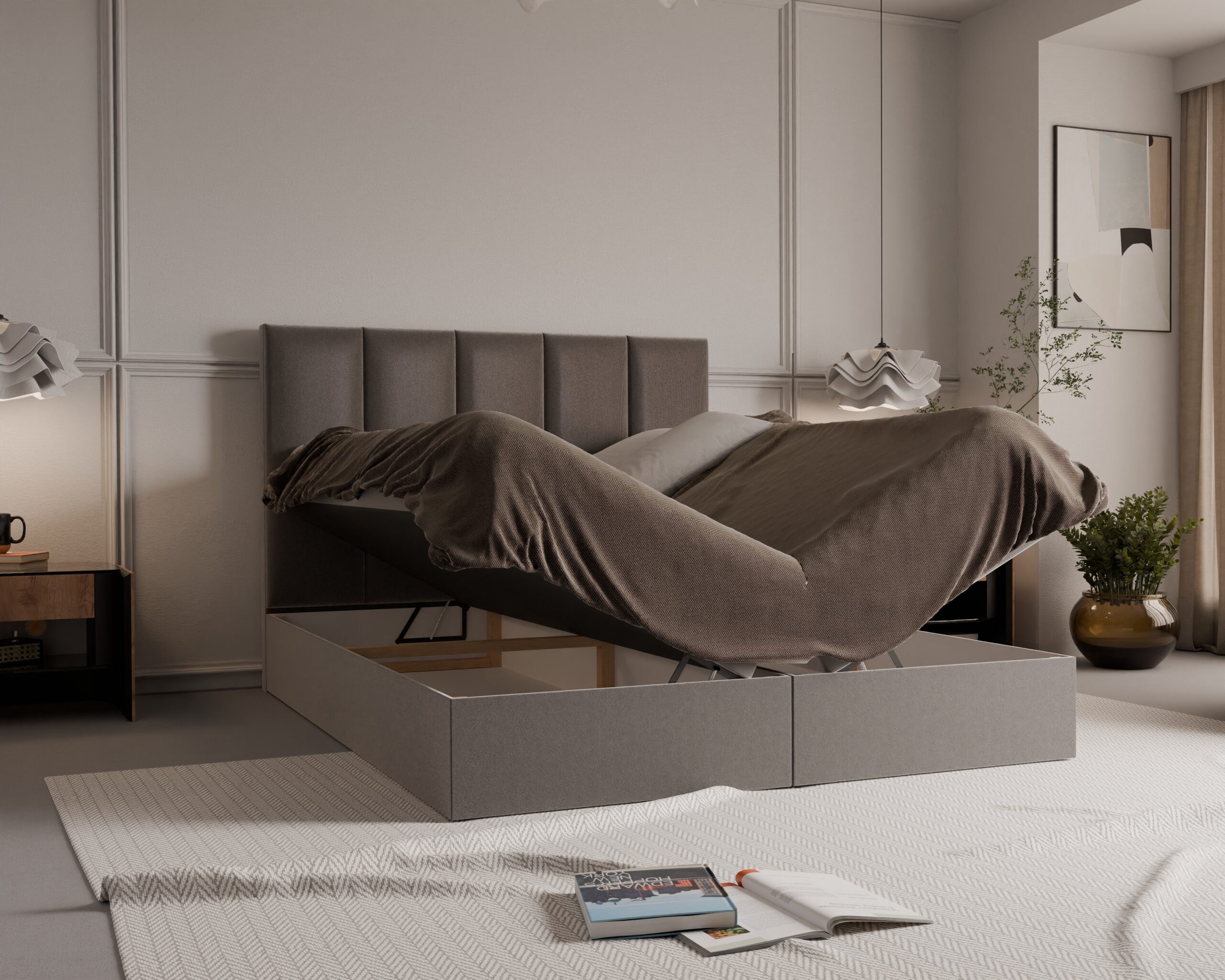 Łóżko kontynentalne z pojemnikami i topperem LORENC 2 160x200 cm – wspiera bolące plecy