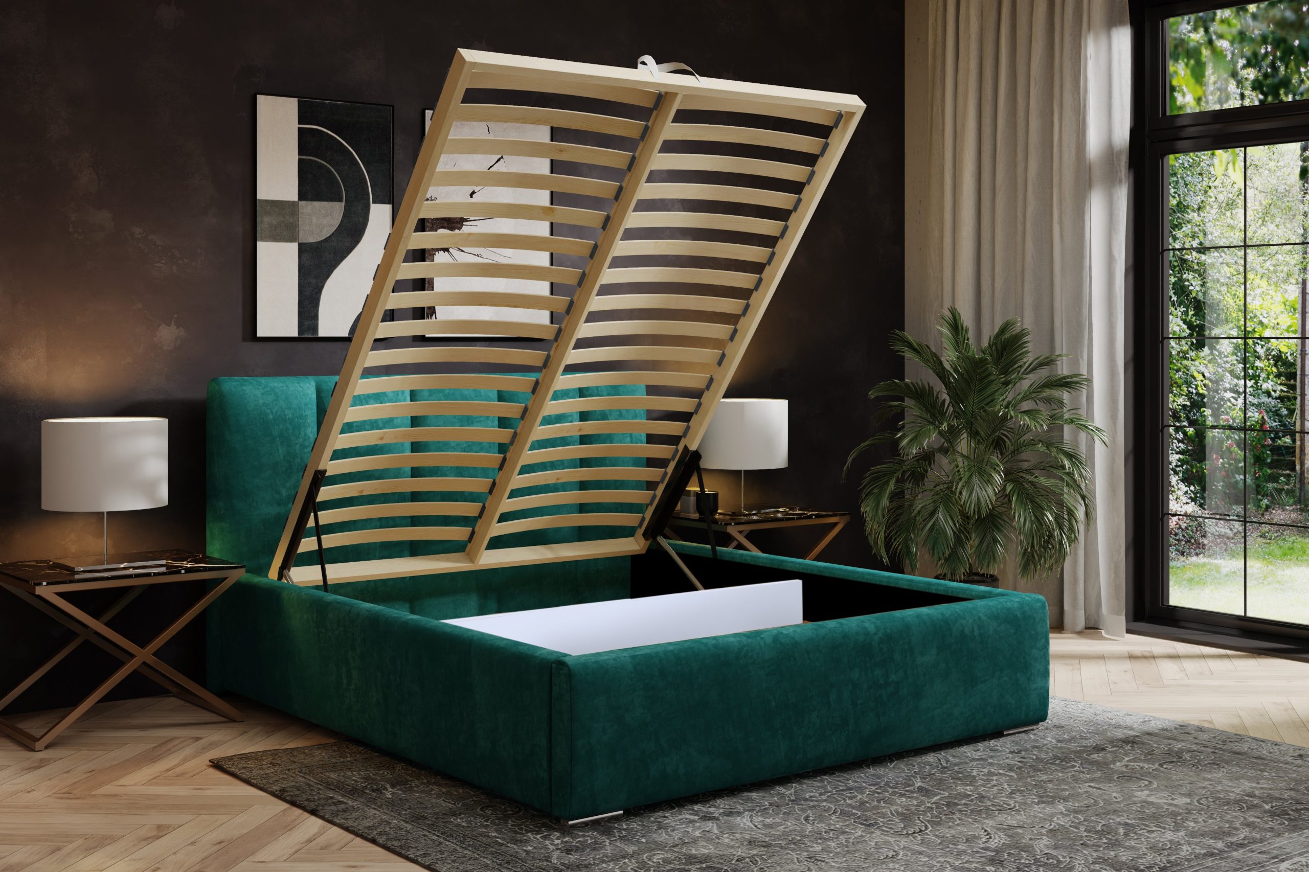 Łóżko tapicerowane z pojemnikiem Eden grafitowe 160x200 cm – plamoodporna tkanina