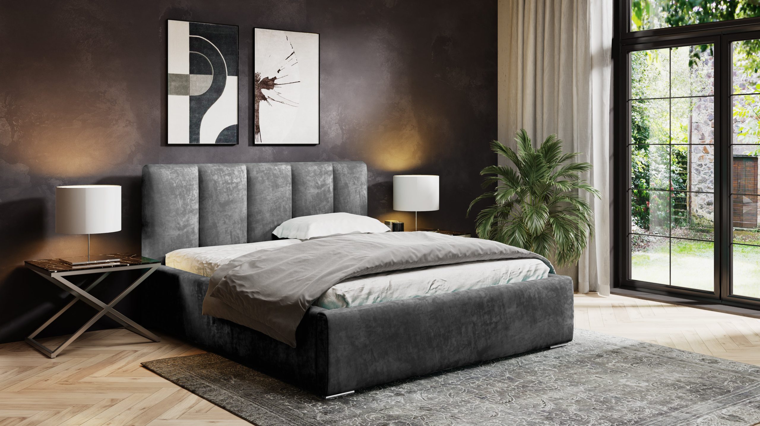 Łóżko tapicerowane z pojemnikiem Eden grafitowe 160x200 cm – plamoodporna tkanina