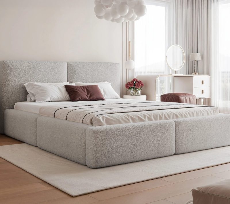 Łóżko tapicerowane z pojemnikiem Haven szare tkanina plamoodporna 160x200 cm – wysokie zagłowie