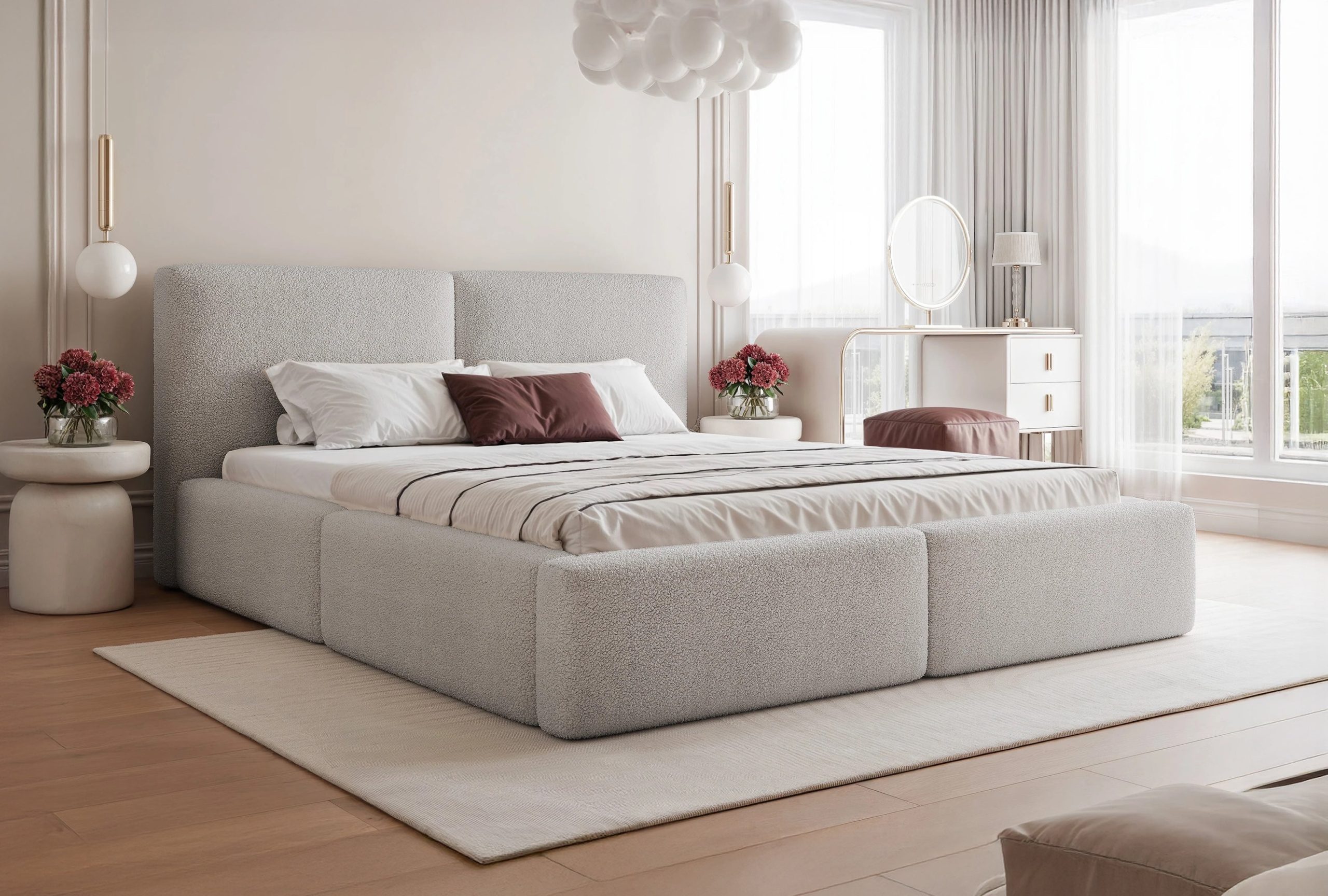 Łóżko tapicerowane z pojemnikiem Haven szare tkanina plamoodporna 160x200 cm – wysokie zagłowie
