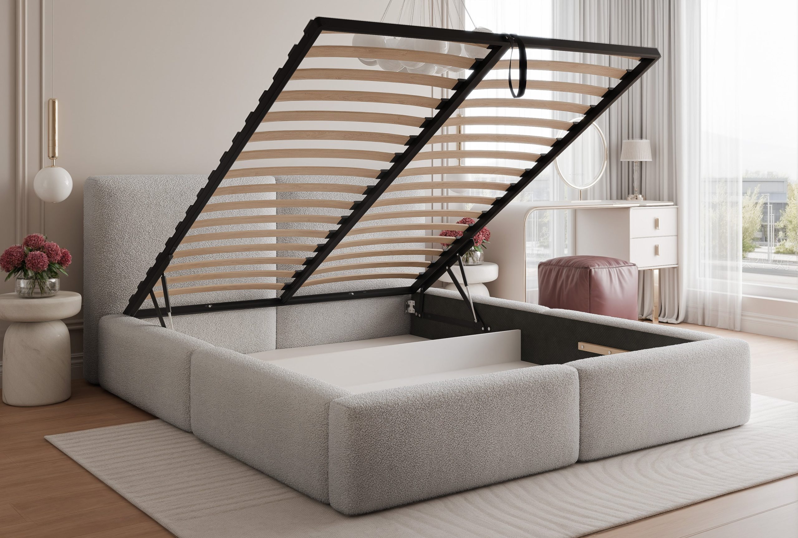 Łóżko tapicerowane z pojemnikiem Haven szare tkanina plamoodporna 160x200 cm – wysokie zagłowie