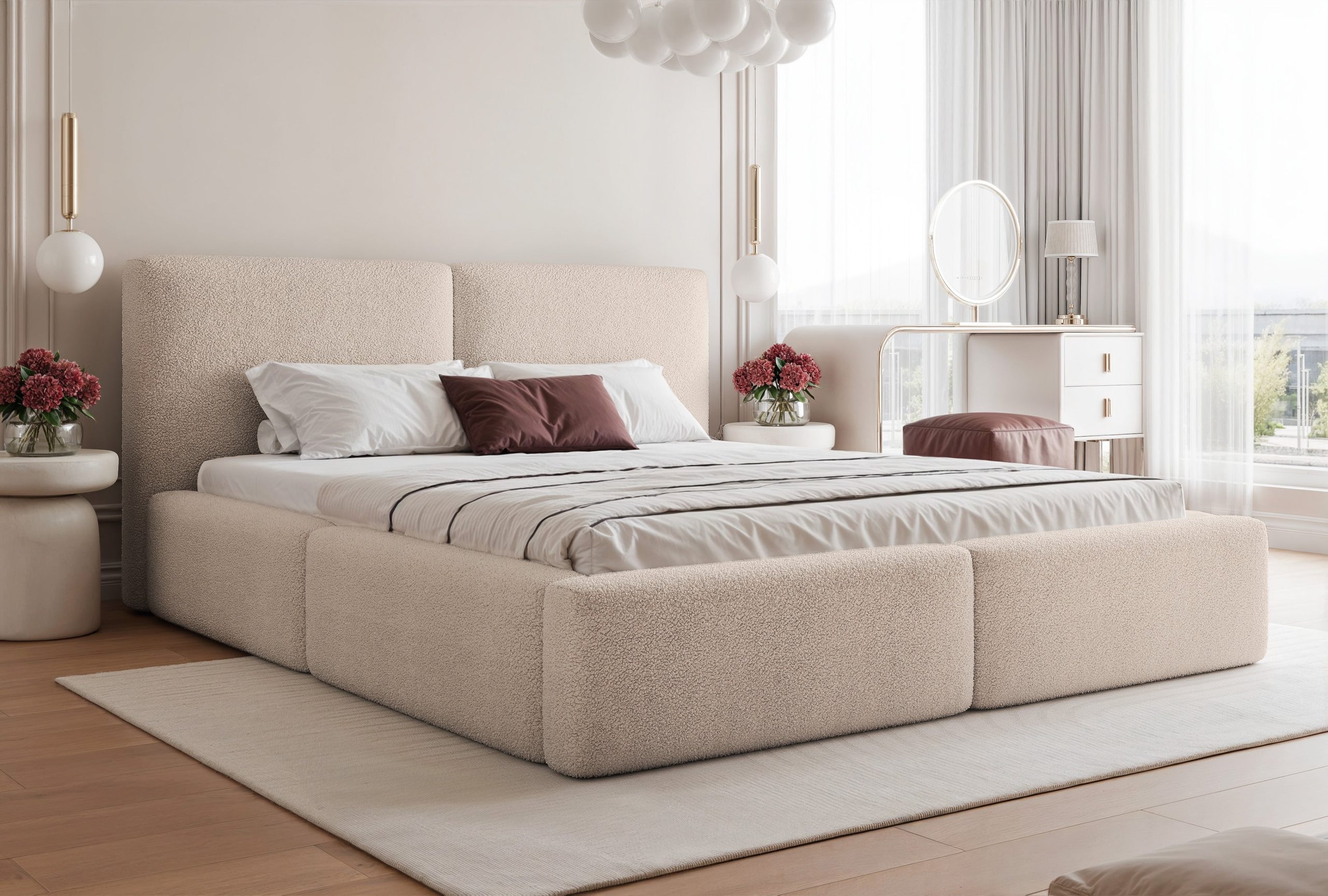 Łóżko tapicerowane z pojemnikiem Haven szare tkanina plamoodporna 160x200 cm – wysokie zagłowie