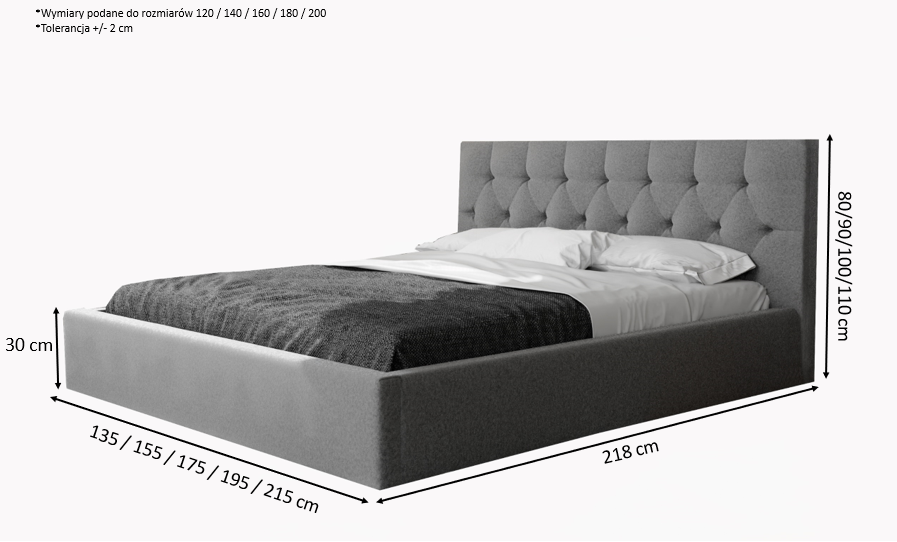 Eleganckie łóżko tapicerowane HONY szare 160x200 cm z pojemnikiem – tkanina hydrofobowa