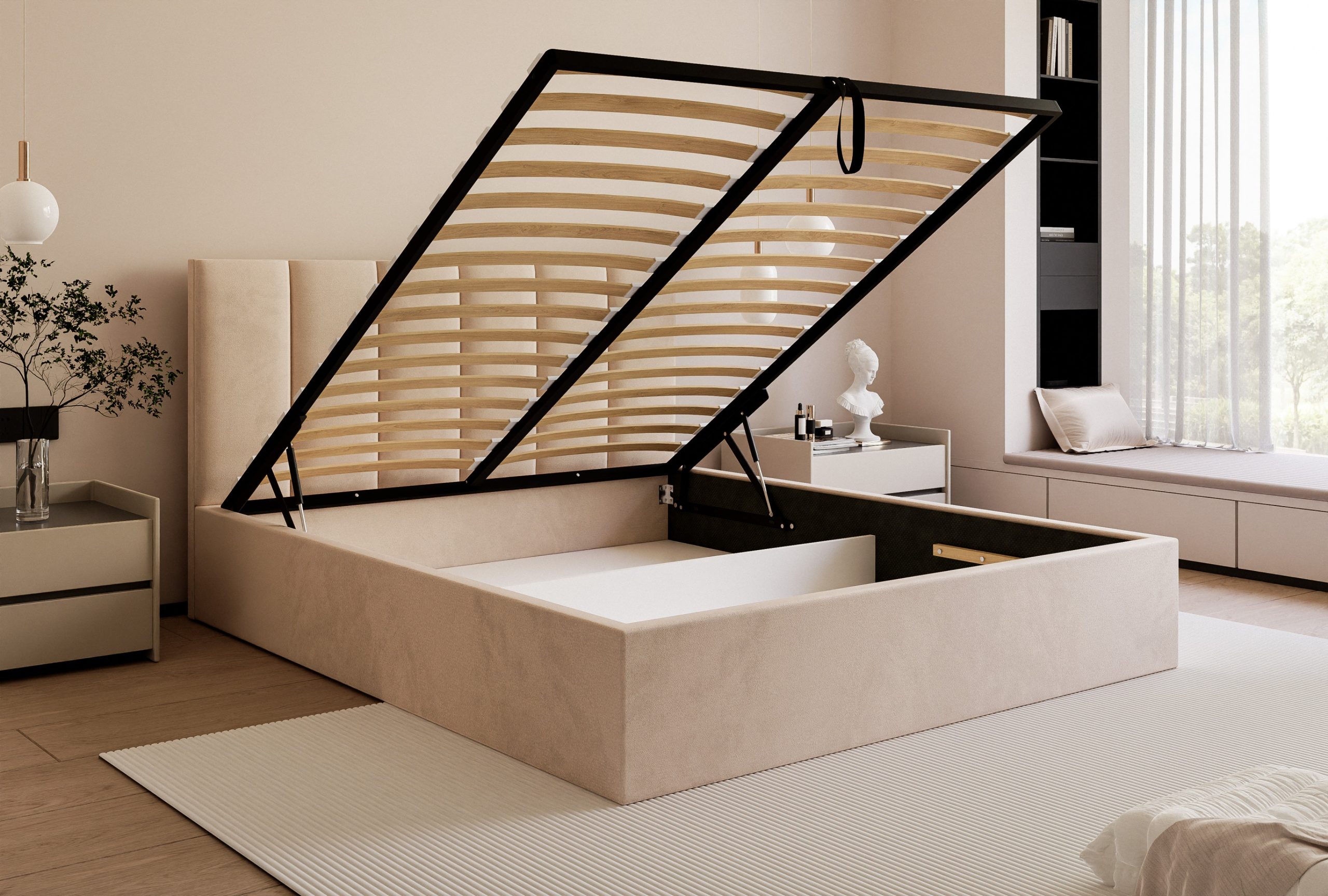 Łóżko tapicerowane Slim Calmora 160x200 cm – z pojemnikiem na pościel