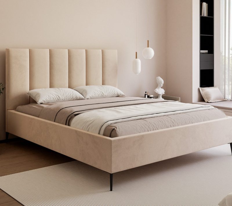 Łóżko tapicerowane Slim Calmora 2 szare 160x200 cm – na nóżkach z pojemnikiem